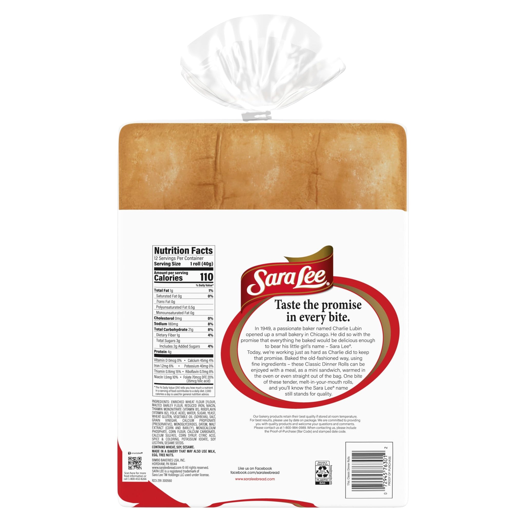 Sara Lee Classic Dinner Rolls, White, Soft and Smooth, 12 ct 17 oz