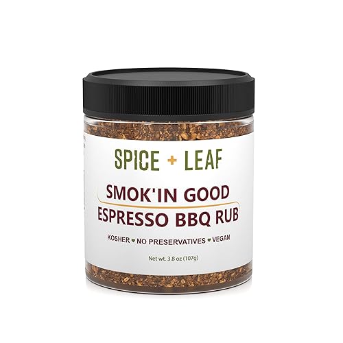 Premium Espresso BBQ Rub by Spice + Leaf - Vegan Kosher and Preservatives Free Spice Blend for Meat, Chicken, Fish, Seafood, and Vegetables, 3.8 oz