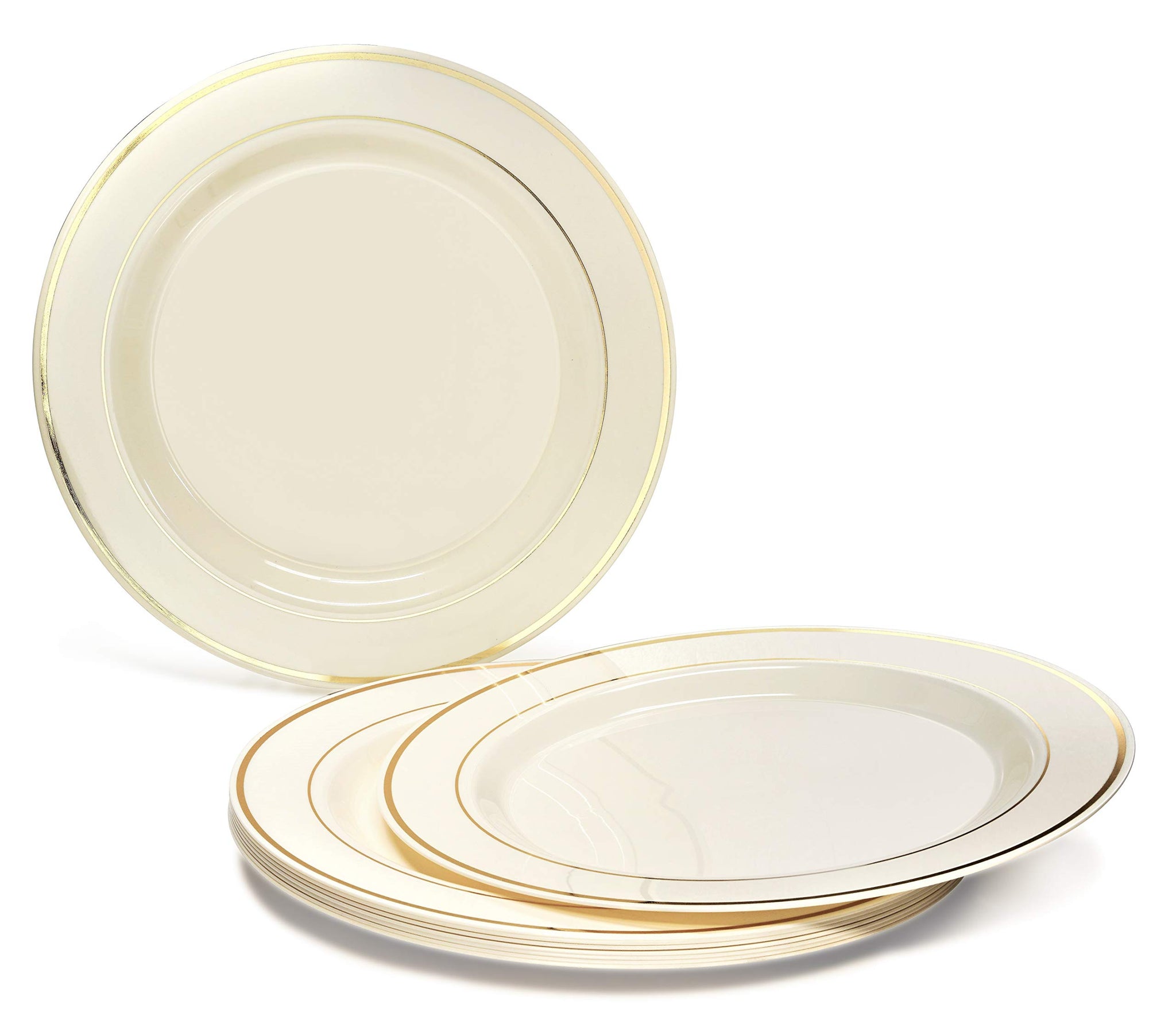 OCCASIONS 300 Pcs Set & 60 Guest Wedding Disposable Plastic Plate & Silverware Combo Set (Ivory & Gold Rim plates, Gold Silverware)