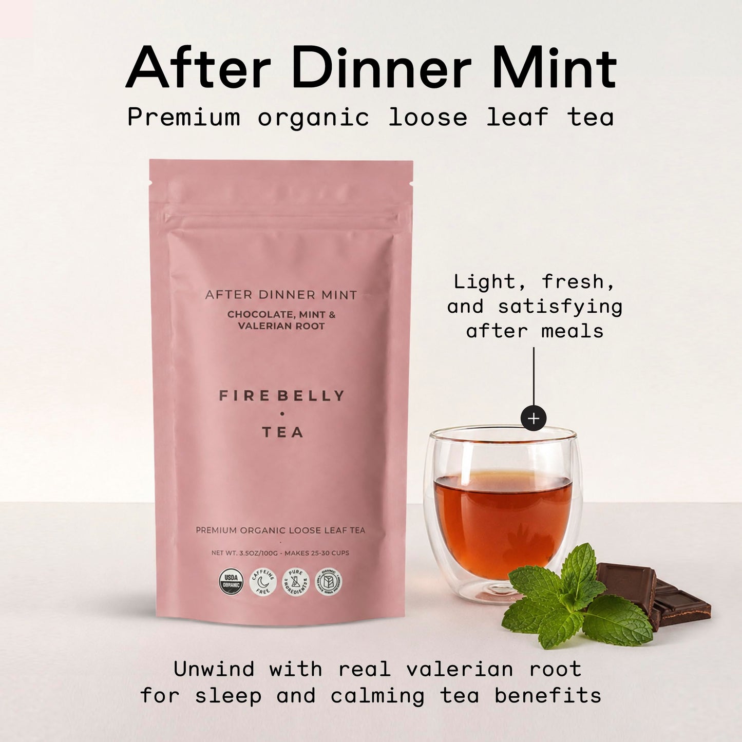 Firebelly Tea After Dinner Mint, Organic Chocolate & Mint Tea with Valerian Root for Sleep, Loose Leaf Herbal Drink, Caffeine-Free, For Relaxing