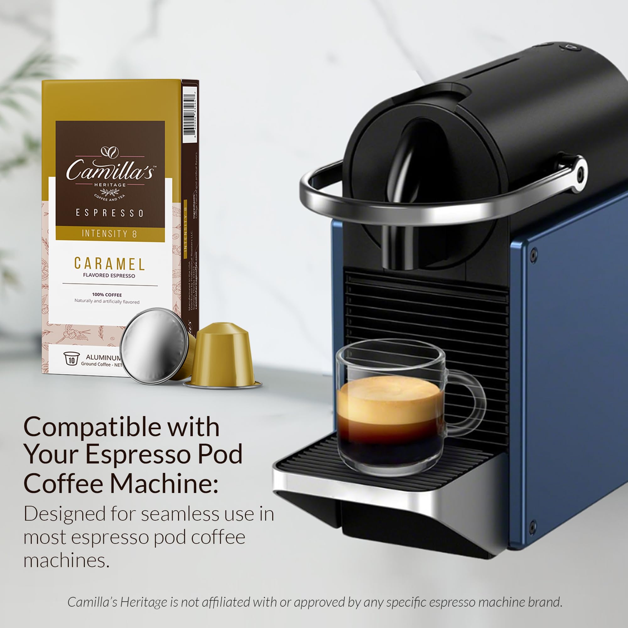 Camilla’s Heritage - Intensity 8 Caramel Flavored Espresso Coffee, Gourmet Espresso Cups, 60 Coffee Pods