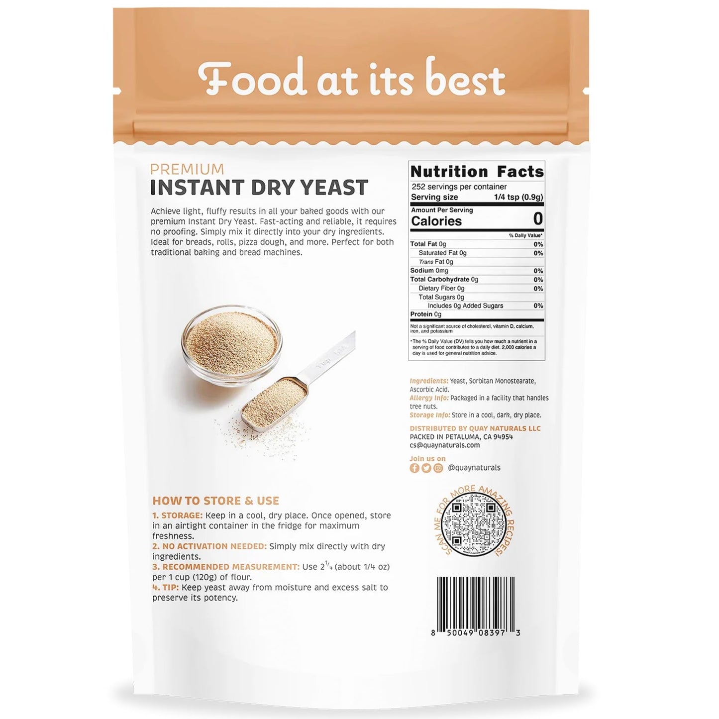 Quay Naturals Instant Dry Yeast 8 oz | Fast-Acting, No Proofing Needed | Ideal for Bread, Pizza, Bagels & Pastries | Gluten-Free, Non-GMO, Vegan
