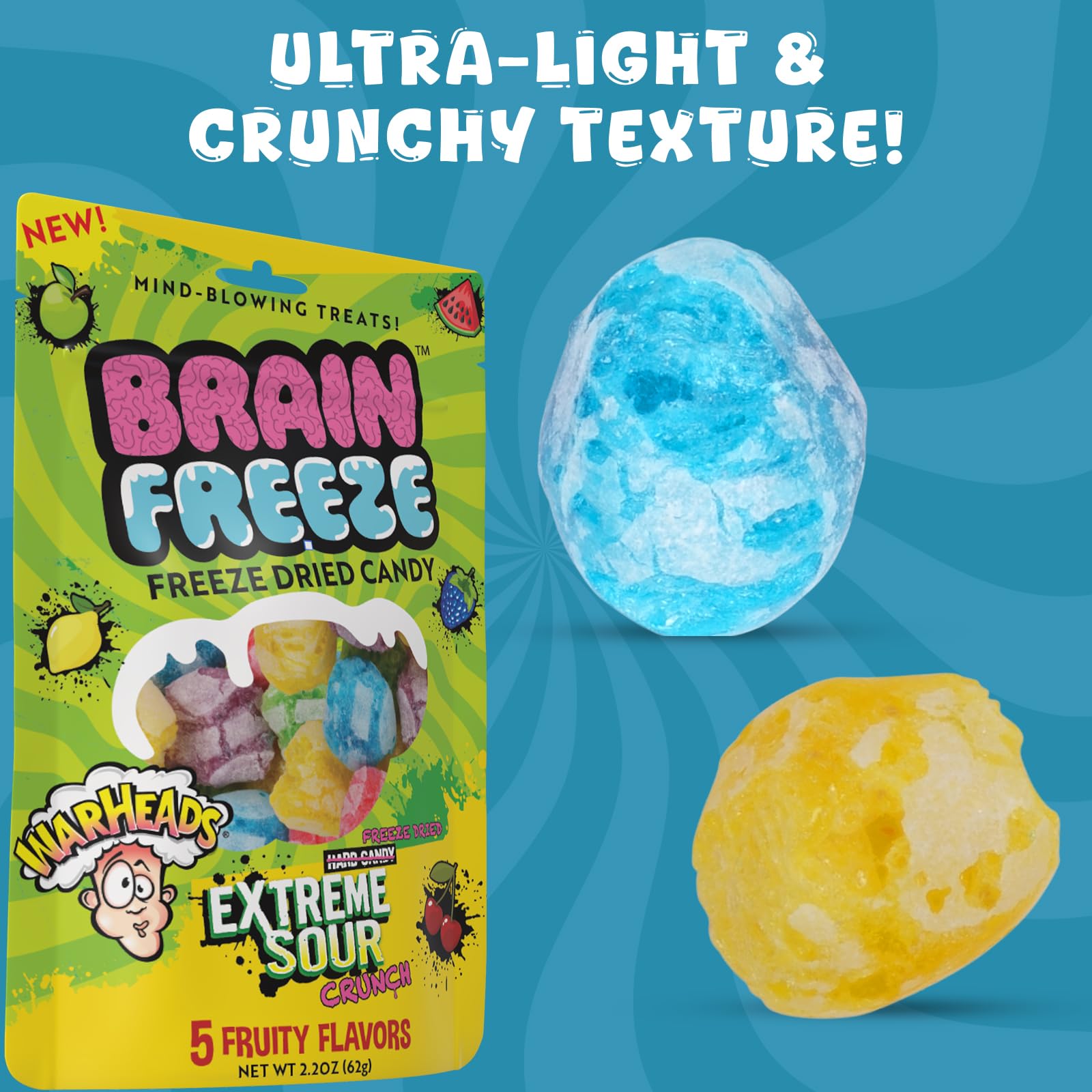 Brain Freeze by Warheads Mixed Fruit Dried Candy | Freeze Dried Candy with Warheads Extreme Sour Crunch | Mouth-Puckering Flavor | Fun Snack & Party