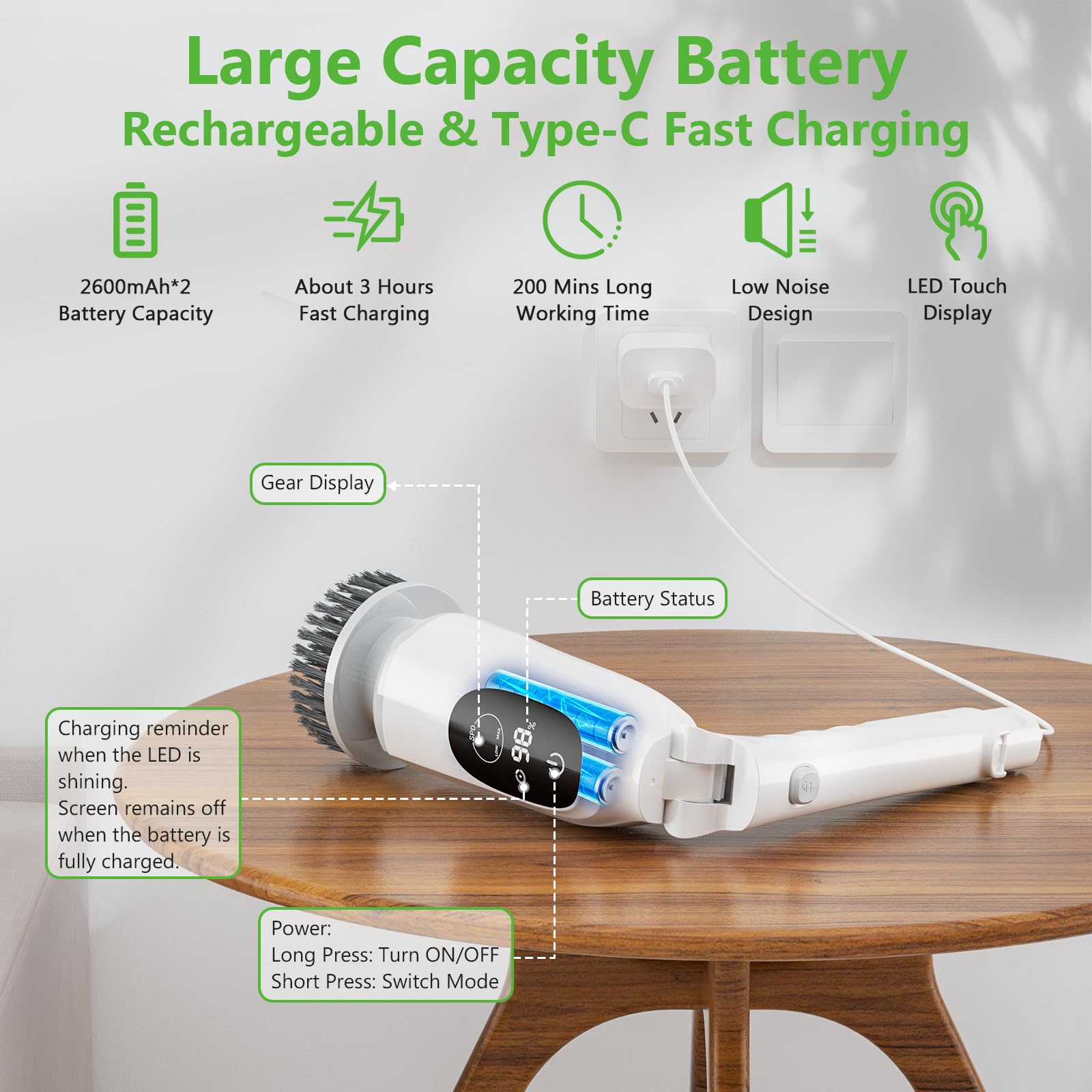 Electric Spin Scrubber, Cordless Cleaning Brush, 3H Work Time, Bathroom Scrubber with LED Display, 3-Speed Extendable Handle, IPX7 Waterproof, 8 Brush