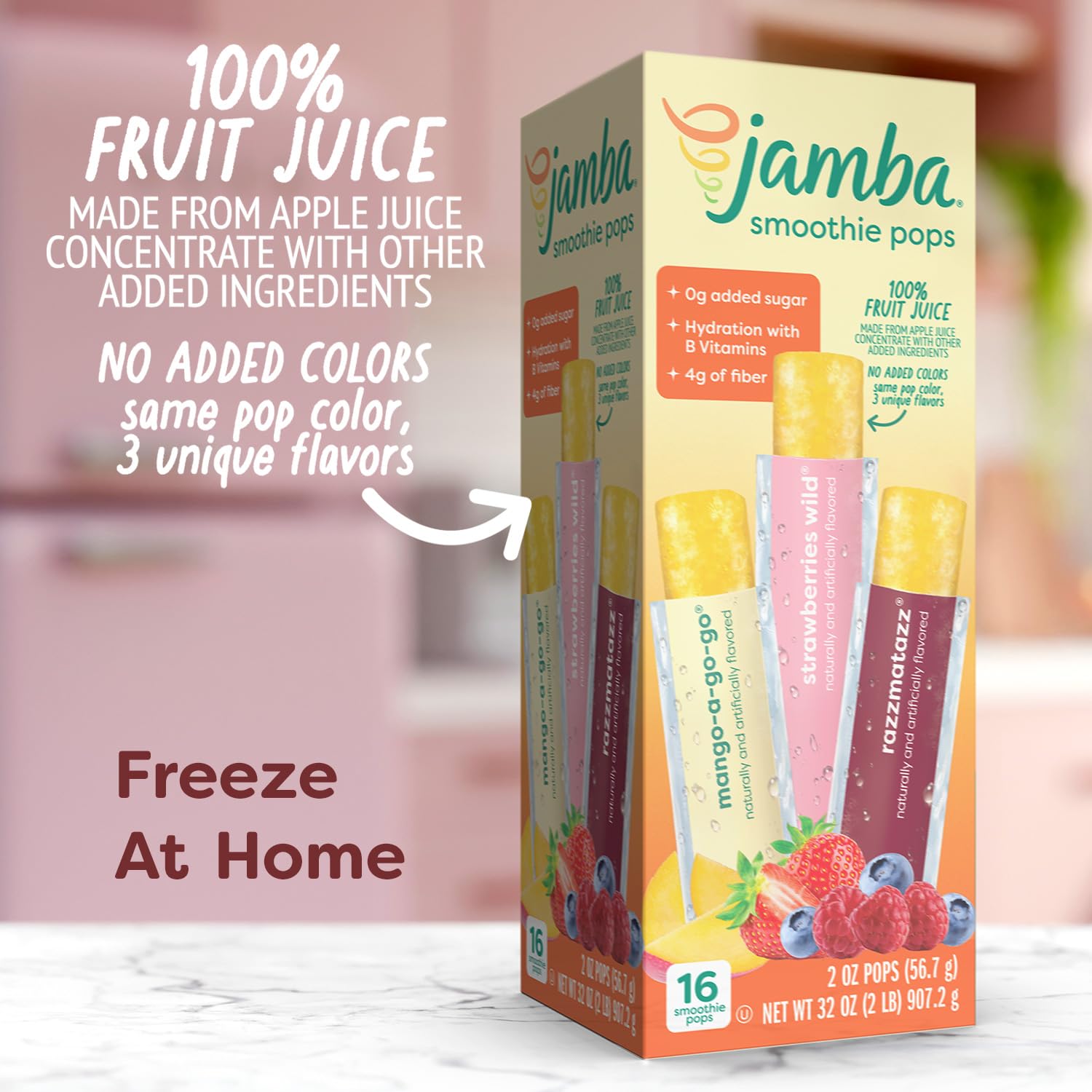 Jamba Smoothie Pops Variety Pack, 16 Count - 100% Fruit Juice Freezer Pops, No Added Sugar, or Colors, 4g Fiber per Serving - Mango-a-go-go