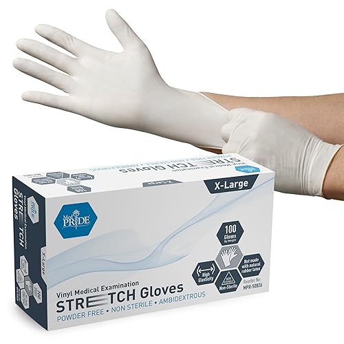 MED PRIDE White Disposable Medical Gloves, Ultra-Stretchy Vinyl, Latex and Powder-Free, Ambidextrous Non-Sterile Safety Gloves Large 100 White