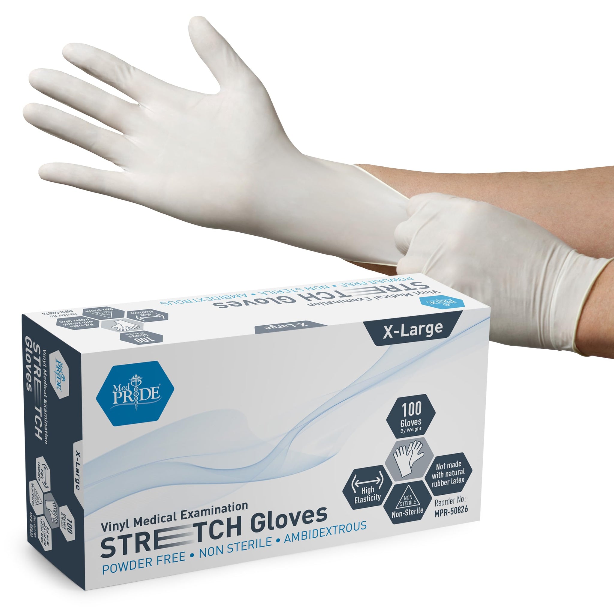 MED PRIDE White Disposable Medical Gloves, Ultra-Stretchy Vinyl, Latex and Powder-Free, Ambidextrous Non-Sterile Safety Gloves Large 100 White