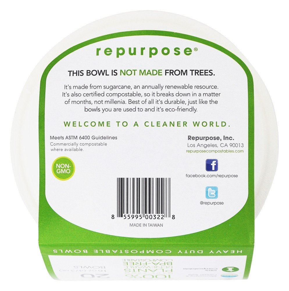 Repurpose 100% Compostable Plant-Based Bagasse Bowls, 16 ounce, 20 Count
