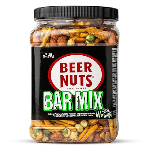 BEER NUTS Bar Mix w/Wasabi - Pretzels, Cheese Stix, Sesame Stix, Insane Grain & Wasabi Peas - 26oz Family Size Resealable Jar (Pack of 1)