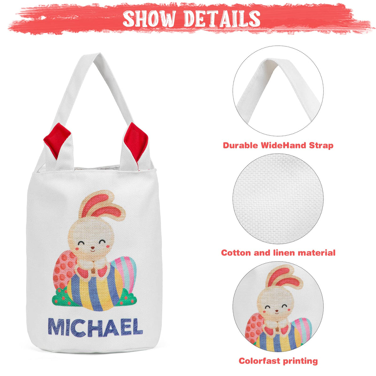 JewelOra Personalized Easter Bunny Basket Bags, Cotton Customized Name Candy Egg Basket Rabbit Print Buckets Cute Easter Basket Toys Bucket Tote Gift