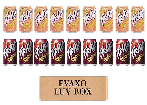 LUV BOX- variety faygo naturally flavored soda cans 12 oz. pack of 18, faygo peach, faygo RED POP.by evaxo