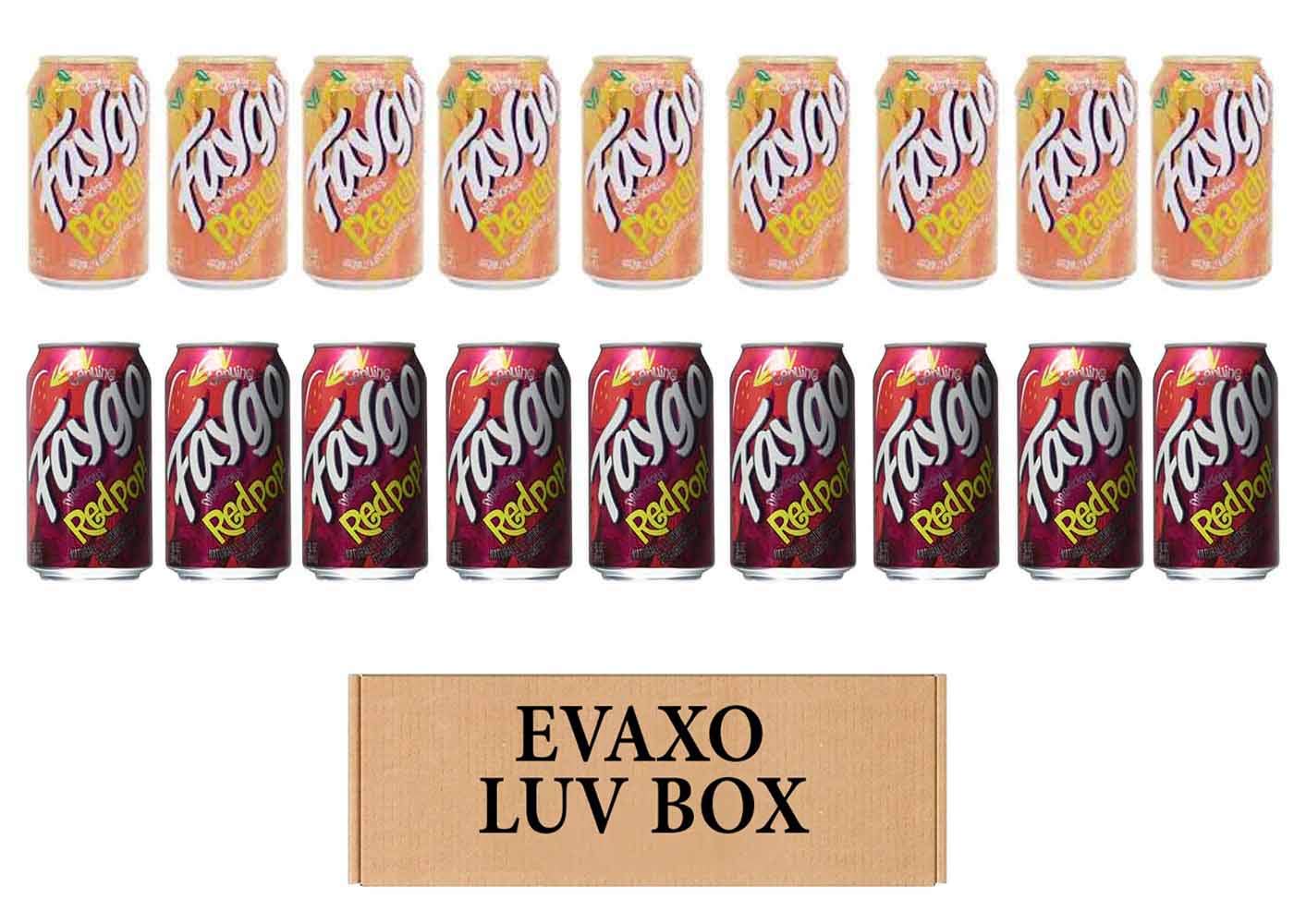 LUV BOX- variety faygo naturally flavored soda cans 12 oz. pack of 18, faygo peach, faygo RED POP.by evaxo
