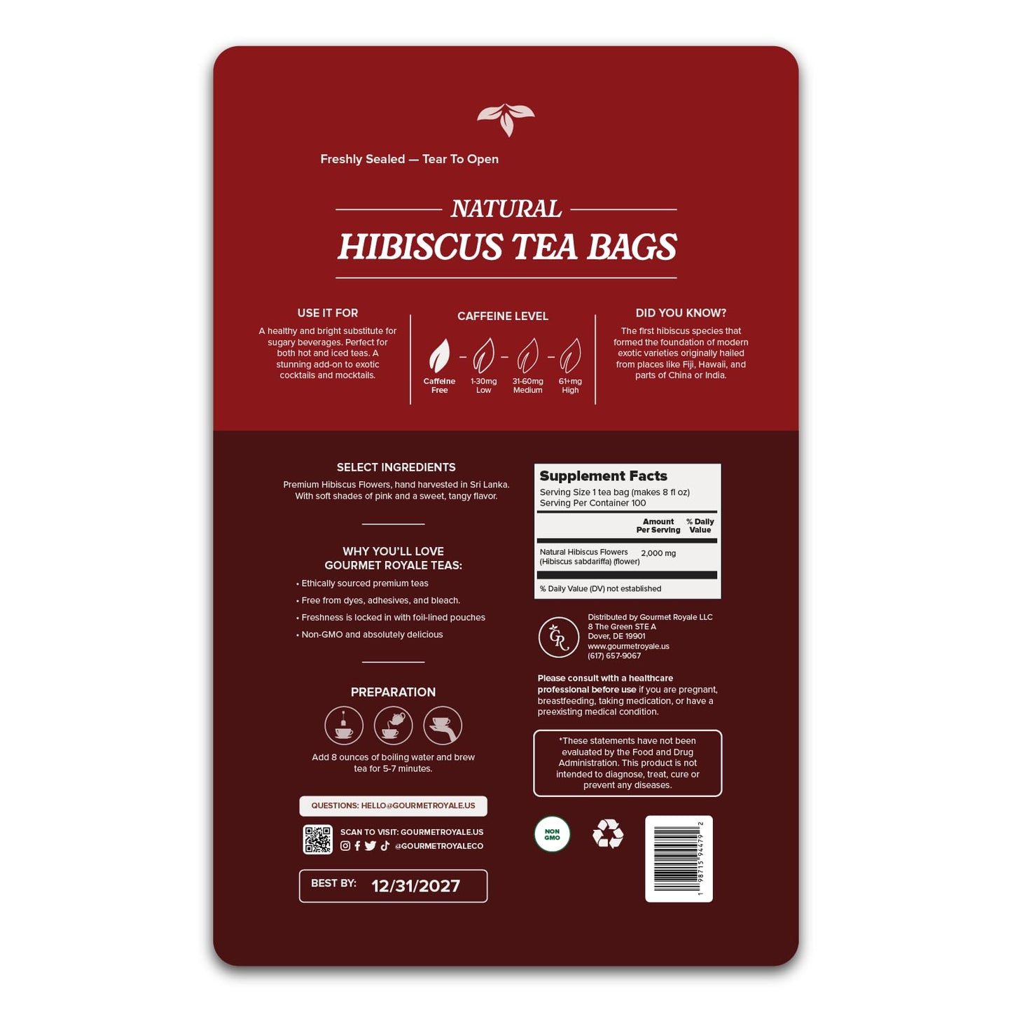 Gourmet Royale Hibiscus Tea, 100 Count, Sustainable Tea Bags, Pure Hibiscus Flowers, Caffeine & Sugar Free, Non-GMO & Vegan, Grown in Sri Lanka, (Pack