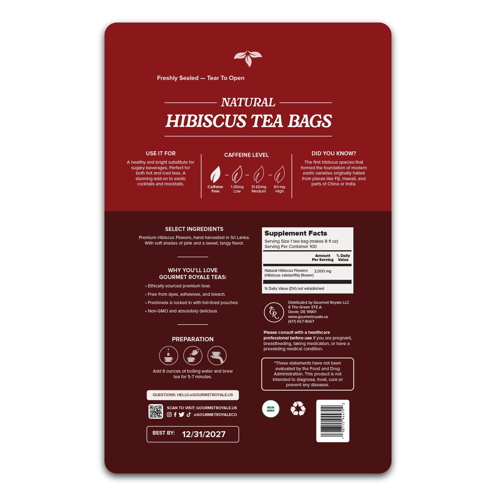 Gourmet Royale Hibiscus Tea, 100 Count, Sustainable Tea Bags, Pure Hibiscus Flowers, Caffeine & Sugar Free, Non-GMO & Vegan, Grown in Sri Lanka, (Pack