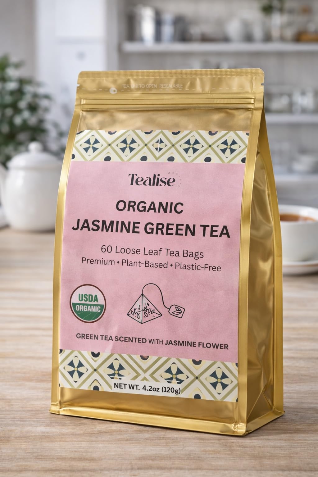 Organic Jasmine Green whole Leaf Pyramid Tea Bags - USDA Organic, Plant-Based & Plastic-Free Tea Bags, Smooth Floral Green Tea, 60 Count by Tealise