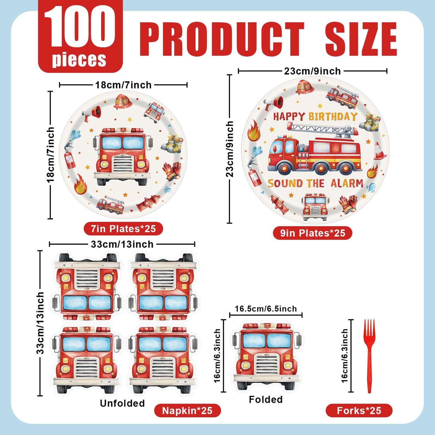 Herytem 100 Pcs Fire Truck Birthday Tableware Party Supplies - Disposable Firefighter Dinnerware Set with Paper Plates, Napkins, and Forks for Rescue