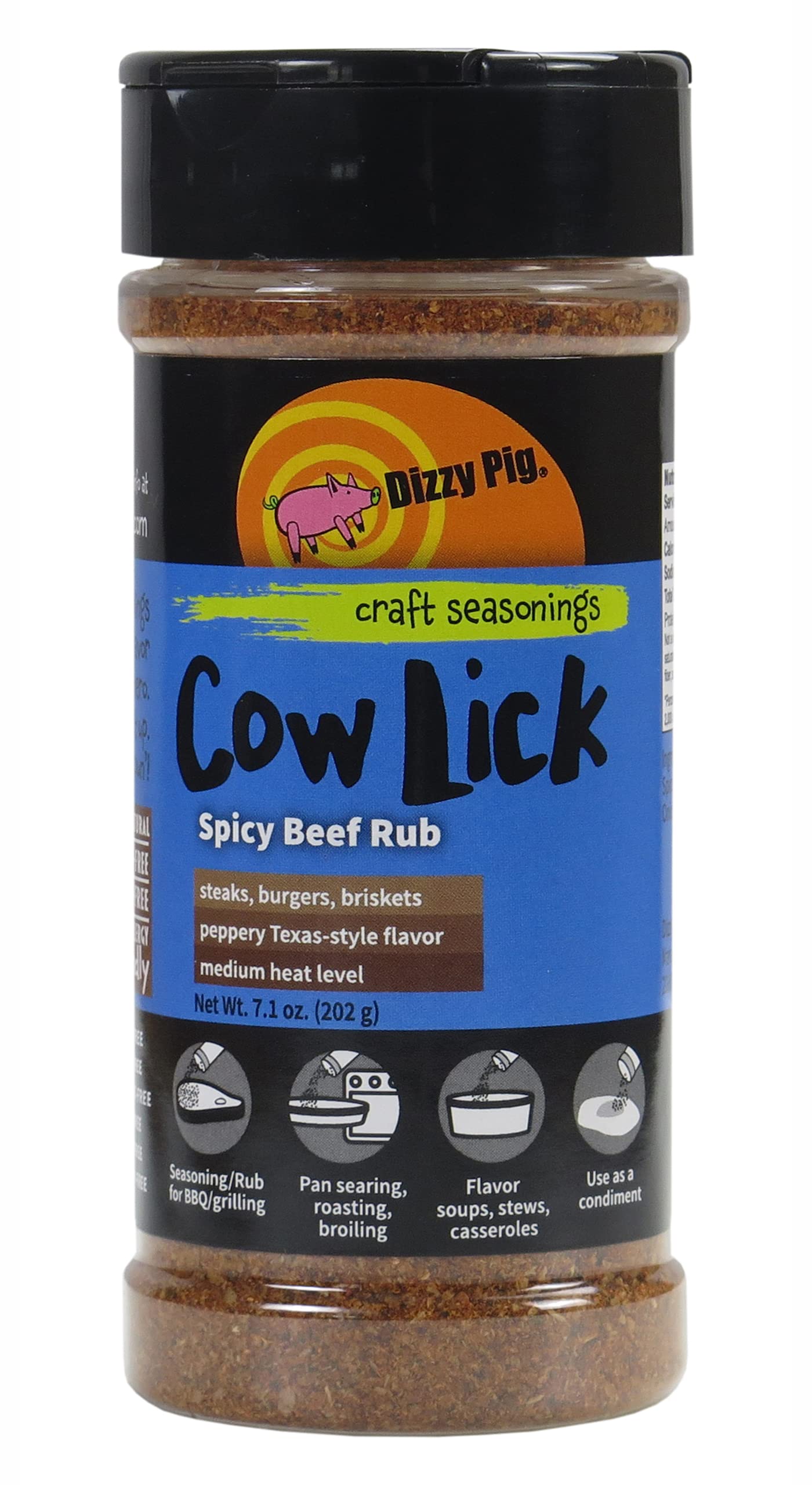 Dizzy Pig Cow Lick Texas-Style Spicy Beef Seasoning Rub (8oz Shaker) - Seasons 30+lbs of Food - Hand Made in the USA - MSG Free, Gluten Free