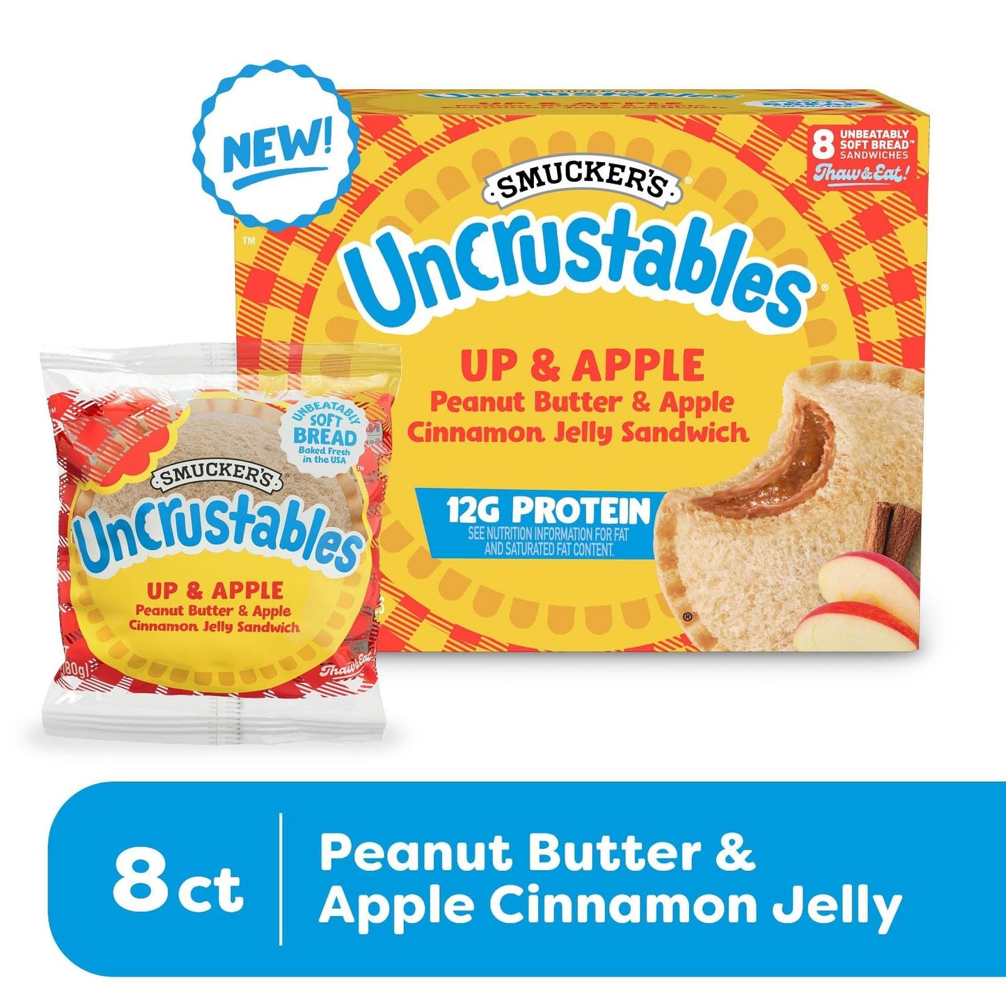 Smucker's Uncrustables Frozen Sandwich Variety Pack, Peanut Butter & Apple Cinnamon Jelly - 12g Protein and Peanut Butter & Chocolate Flavored Spread