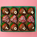 Chocolate Covered Strawberries Gift Box - 12 Count Gourmet Strawberries with “LOVE YOU” Message - Romantic Gift for Valentine’s Day, Anniversaries