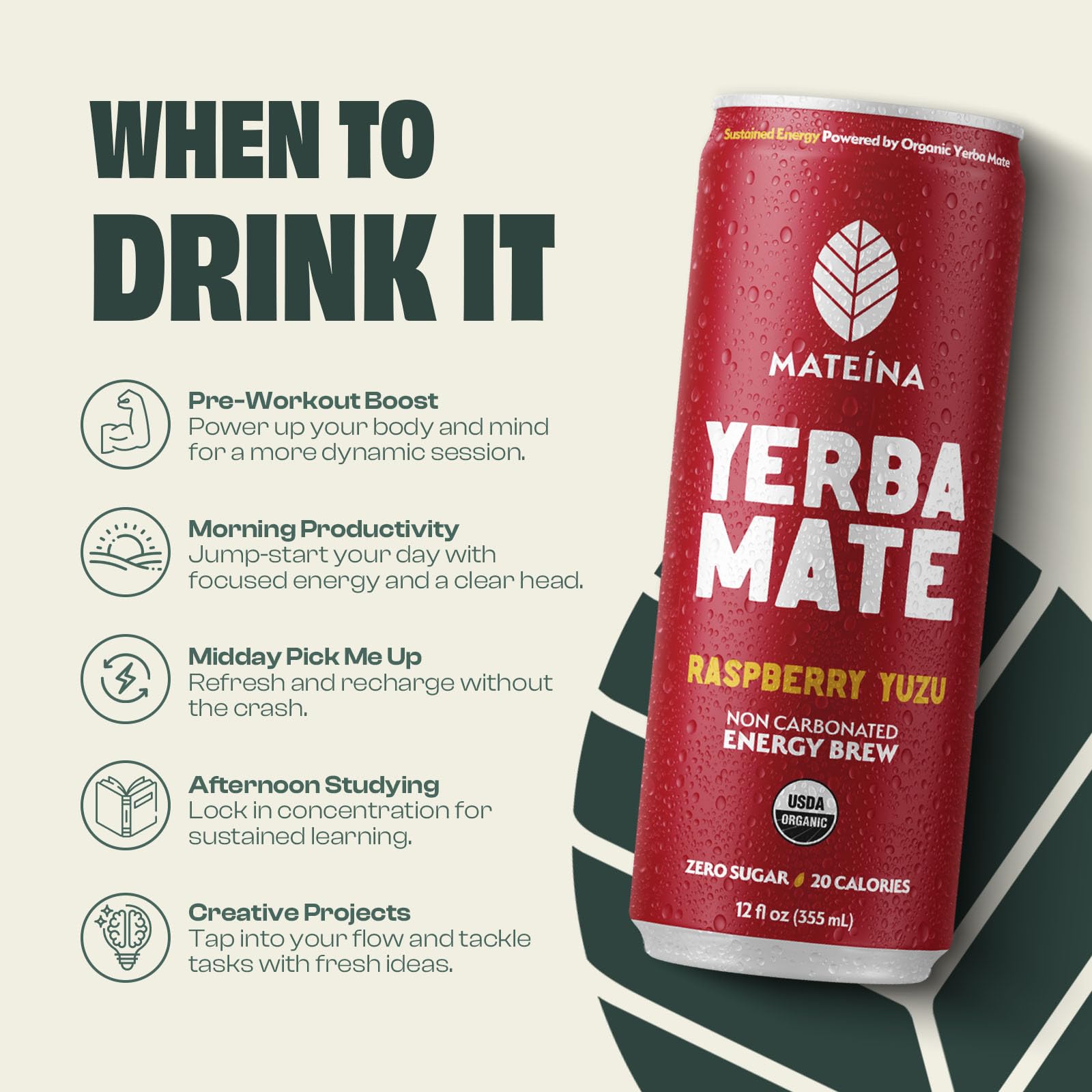 Mateina Yerba Mate Zero Sugar Energy Drink - 120mg Natural Caffeine - Organic, Non-GMO, Non-Carbonated - Dr. Andrew Huberman Recommended - (12 fl oz
