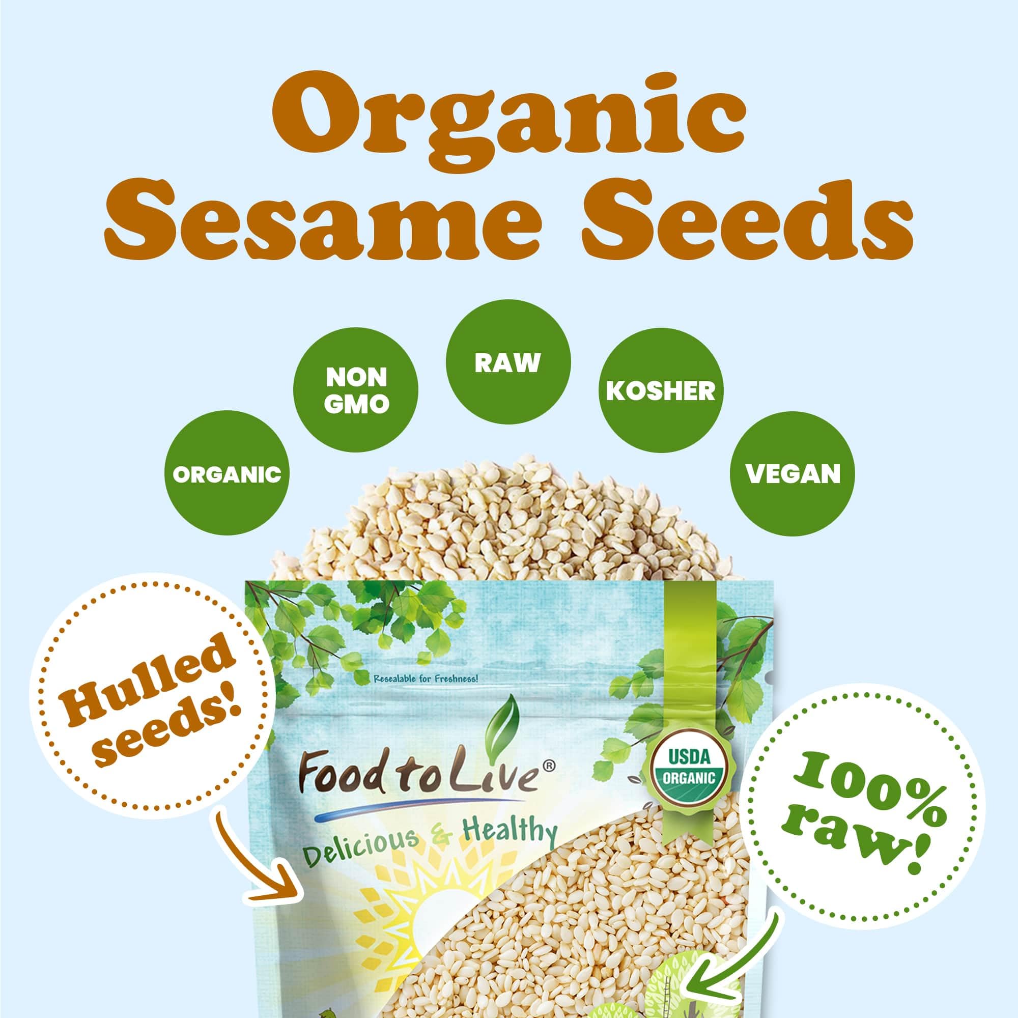Food to Live Organic Hulled Sesame Seeds, 18 Pounds - Whole Raw White Sesame Seeds, Non-GMO, Kosher, Vegan, Unroasted, Bulk. High in Iron,