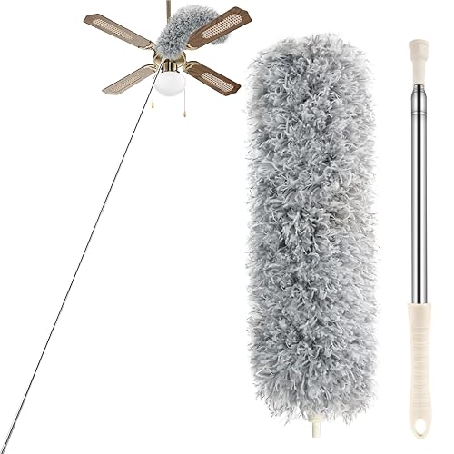 BLUEELF Microfiber Feather Dusters for Cleaning Tools with Extension Pole?Stainless Steel?,100’’ Extra Long Duster Ceiling Fan, Gap, Blinds