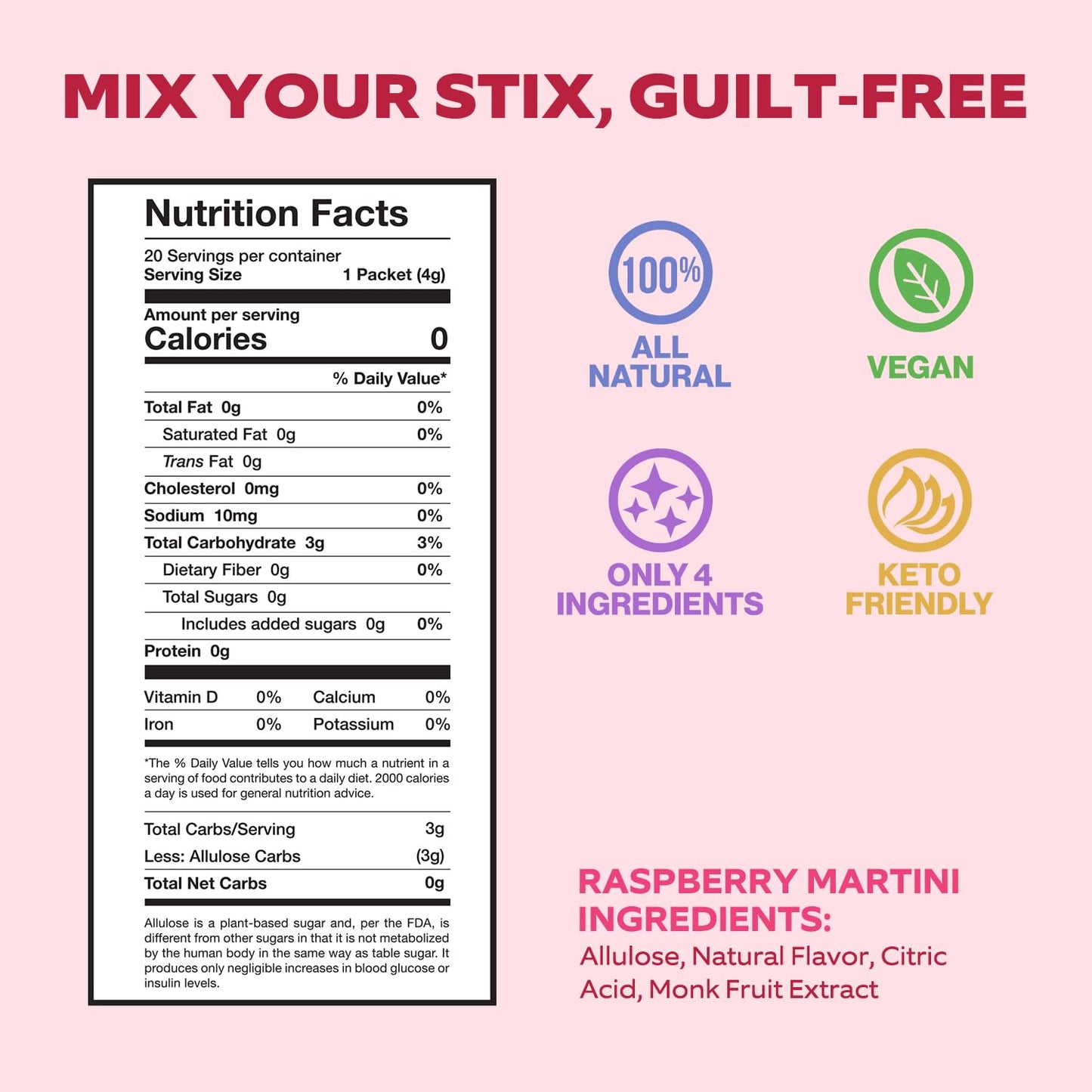 Cocktail Stix Zero Sugar Raspberry Martini Mixer - Cocktail & Mocktail Drink Mixer - Skinny Mixes - Water Flavoring Packets - Vegan - No Calories, No