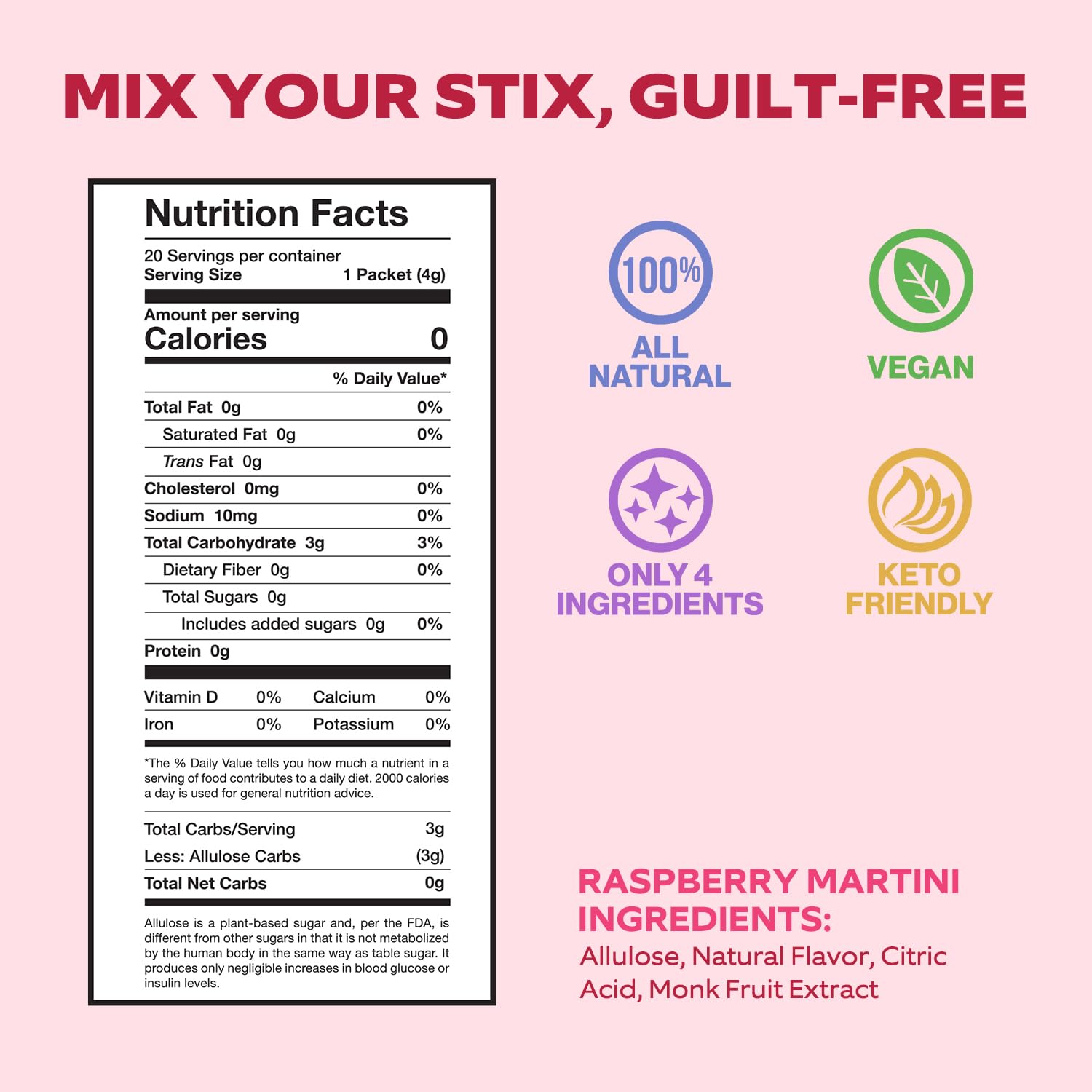 Cocktail Stix Zero Sugar Raspberry Martini Mixer - Cocktail & Mocktail Drink Mixer - Skinny Mixes - Water Flavoring Packets - Vegan - No Calories, No