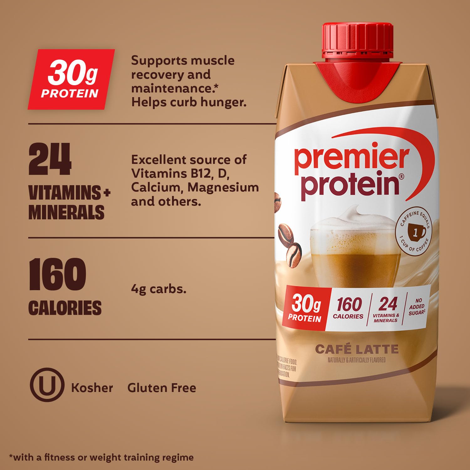Premier Protein Shake, Café Latte with Caffeine for Energy - 30g Protein, No Added Sugar, 24 Vitamins & Minerals to Support Immune Health, 11 fl oz