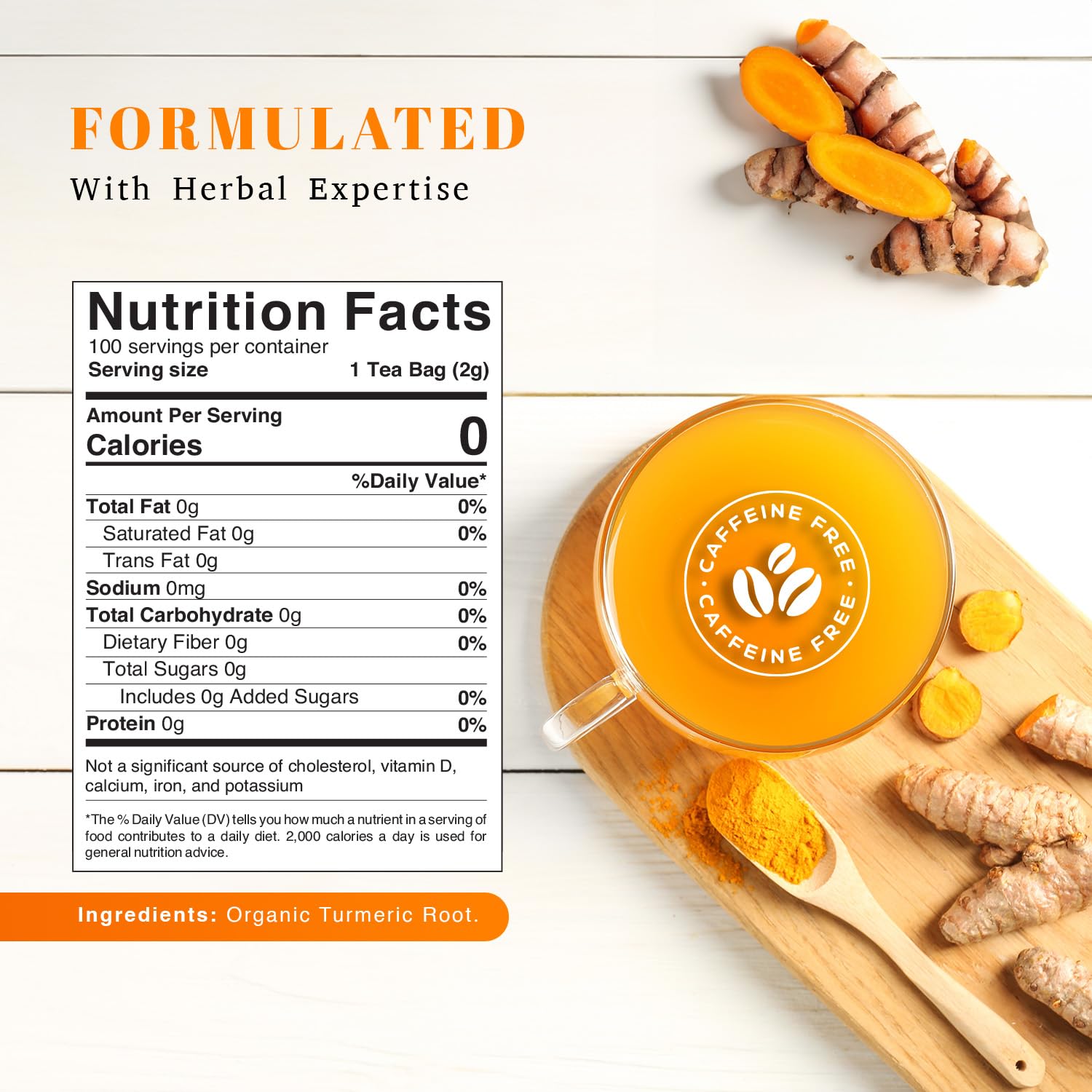 Oxify Organic Turmeric Root Herbal Tea - 100 Eco Friendly Tea Bags (100 Tea Bags, Turmeric)