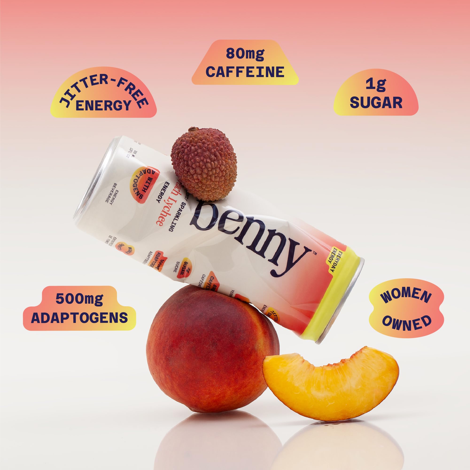 Benny Peach Lychee Sparkling Clean Energy Drink | 80mg Natural Caffeine Yerba Mate | Lion's Mane & Ginseng | 1g Sugar, 5 Calories | No Artificial