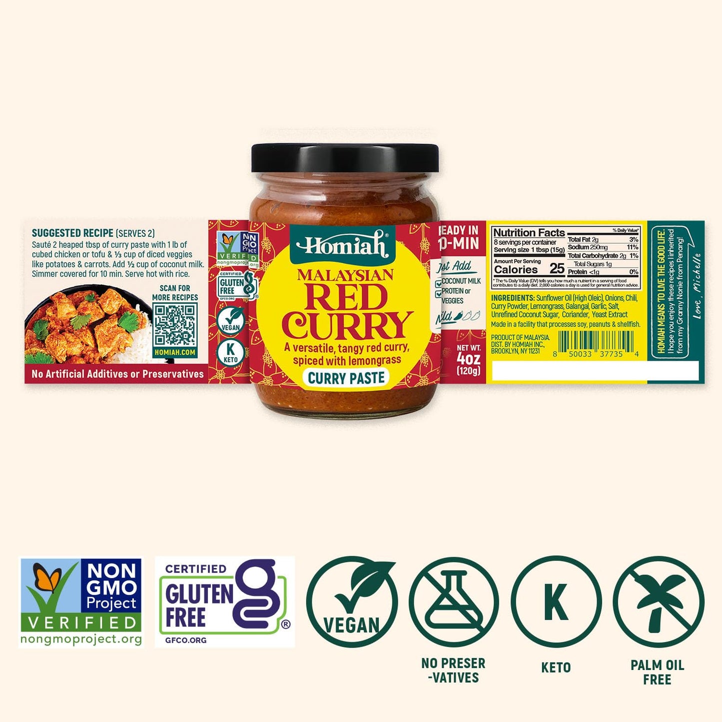 Homiah Red Curry Paste, 4 Oz - Vegan, Gluten-Free, Non-GMO Malaysian Curry Paste, Thai Essentials for Kitchen - Premium Red Thai Paste for Authentic