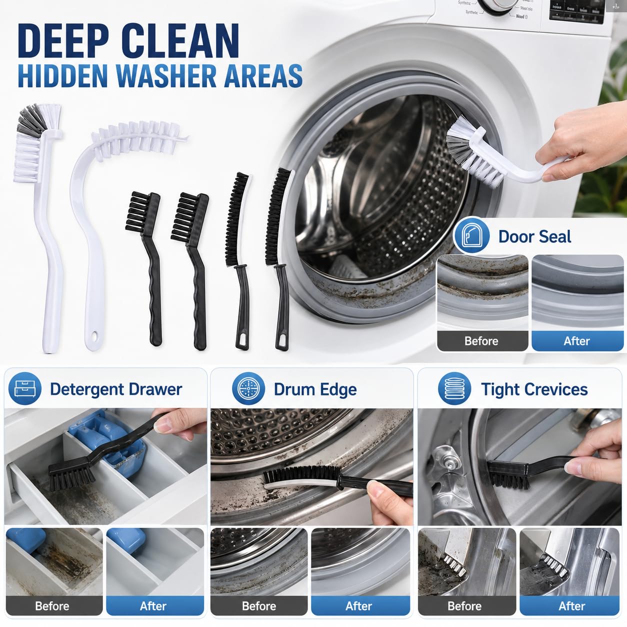 Washing Dryer Machine Rubber Seal Cleaning Brush Kits, Front Load Washer Cleaner Tools-1 PC Drum Slot Clean Brush & 5 PCS Crevice Cleaning Brushes