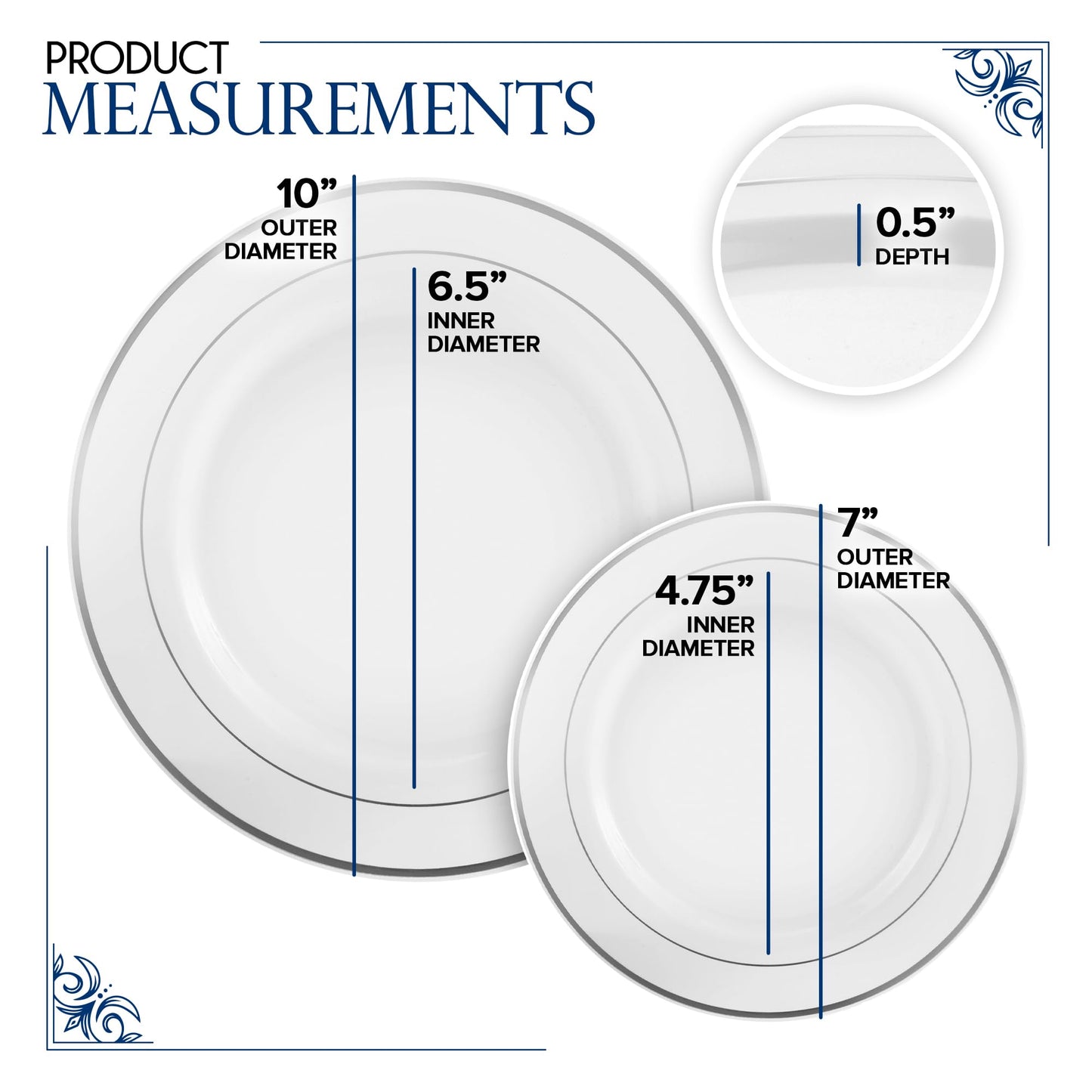 Dinner and Dessert Plates Set Disposable - 200 Pieces (10" + 7") Elegant White and Silver Plastic Plates for Party and Wedding - Heavy Duty