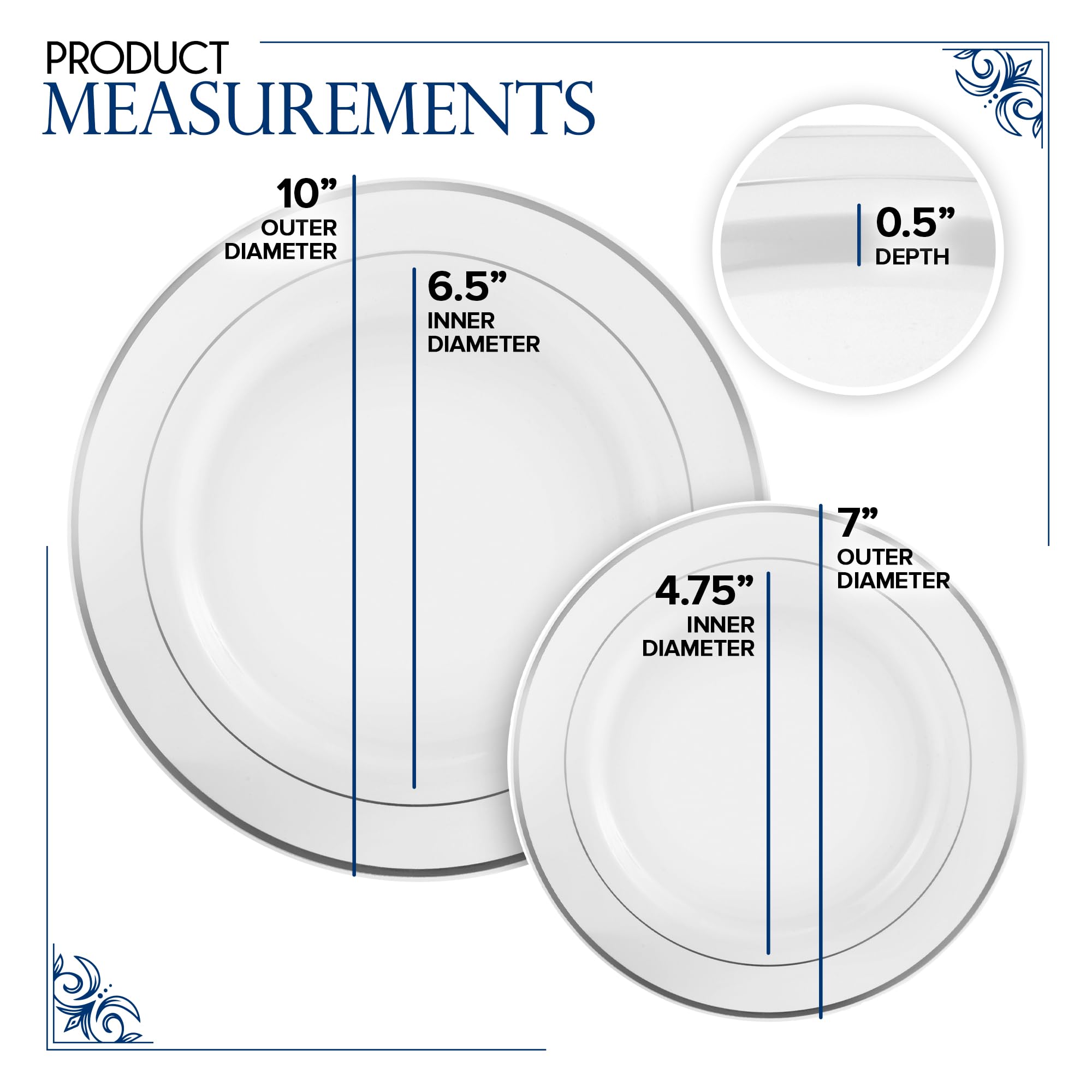 Dinner and Dessert Plates Set Disposable - 200 Pieces (10" + 7") Elegant White and Silver Plastic Plates for Party and Wedding - Heavy Duty