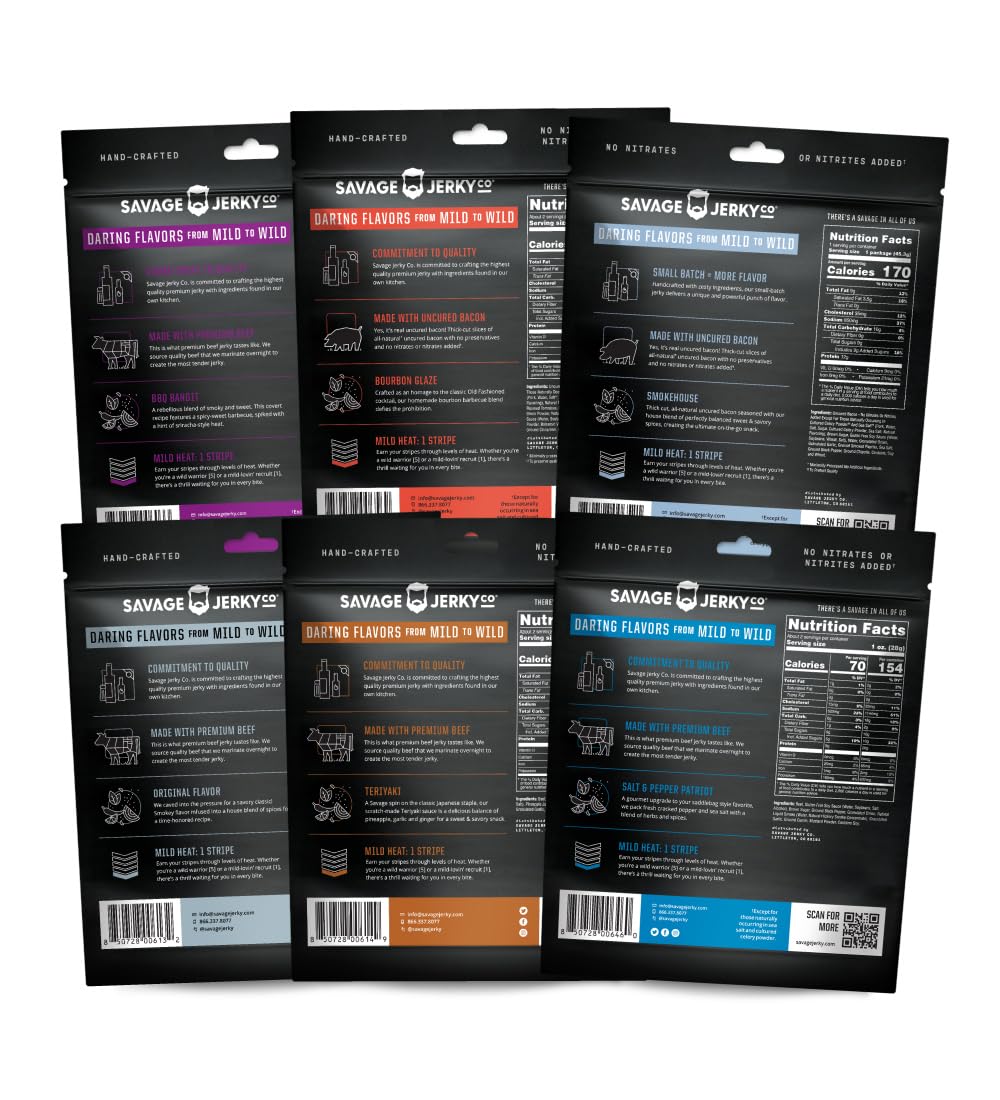 SAVAGE Bacon Jerky and Beef Jerky Variety - Salt & Pepper Patriot, Teriyaki, BBQ Bandit, Original, Bourbon Glaze, Sgt. Pepper (Pack of 6) - Gluten