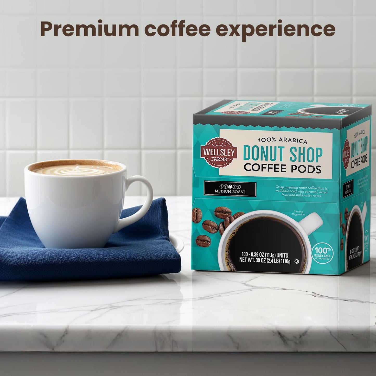 Wellsley Farms Donut Shop Pods | Medium Roast | 100% Arabica | Rich Caramel & Nutty Flavor | Recyclable Single-Serve Pods | Compatible