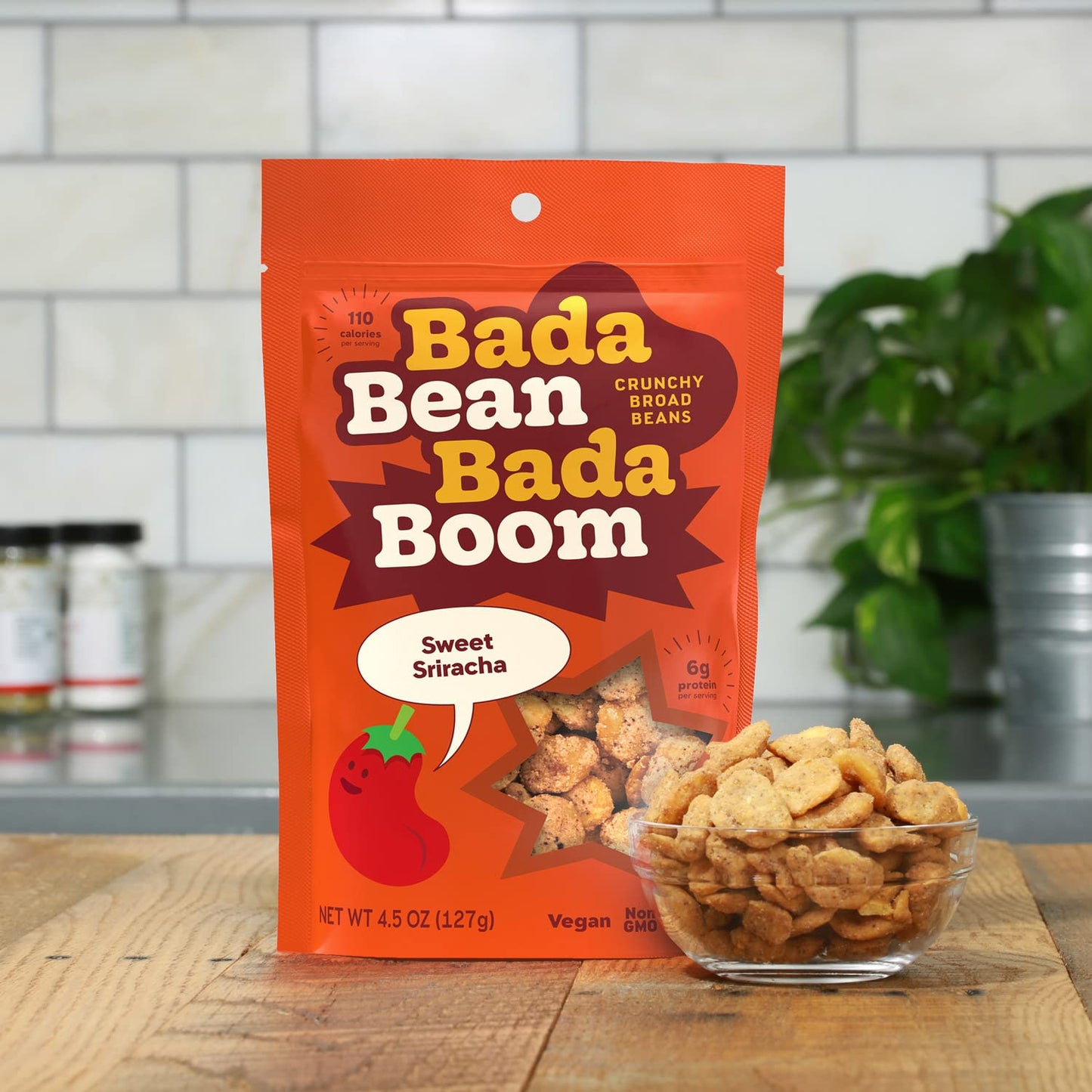 Bada Bean Bada Boom - Plant-Based Protein, Gluten Free, Vegan, Crunchy Roasted Broad (Fava) Bean Snacks, 110 Calories per Serving, Sweet Sriracha, 4.5