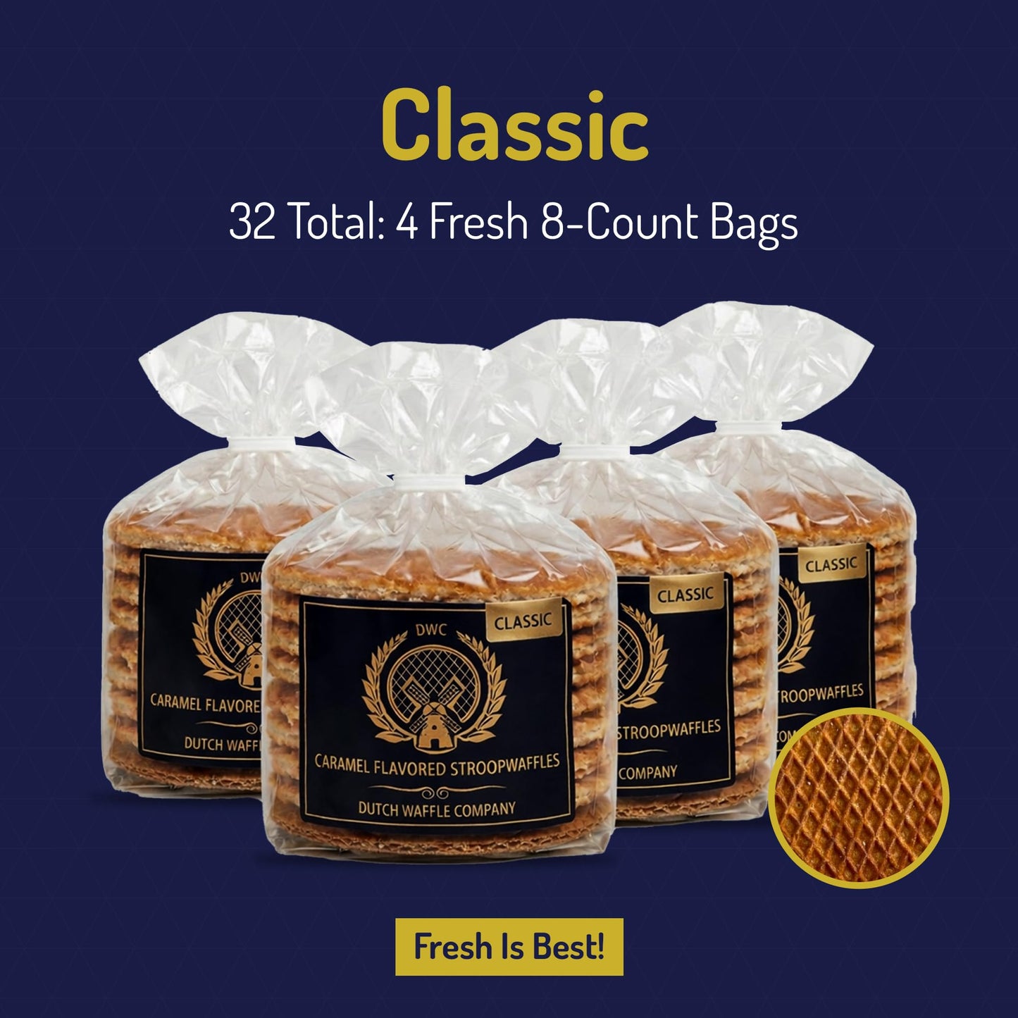 Dutch Waffle Company Stroopwafels, Classic Caramel Filled Dutch Waffle Cookies, 32 Count (4 x 8-Count), Authentic Holland Style