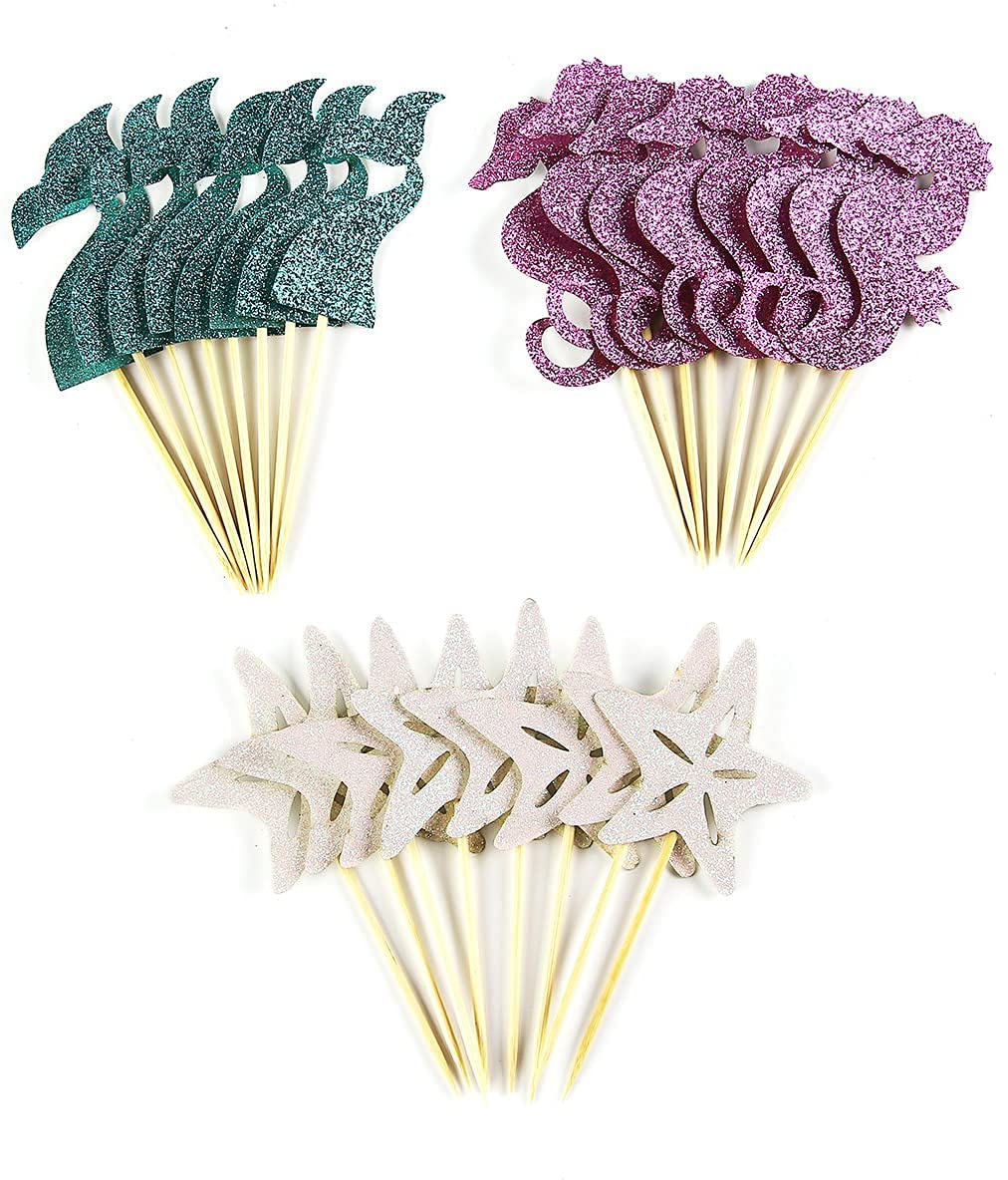 24 Pieces Mermaid Theme Glitter Cupcake Topper Cake Picks Decoration for Birthday Party Favors, Mermaid Tail, Seahorse and Starfish Food Picks