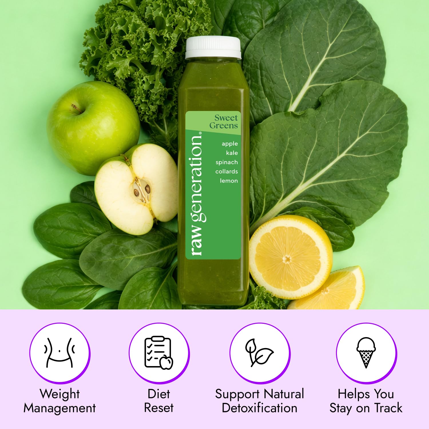 Raw Generation Sweet Green Juice Pack - Cold Pressed Juice/Boost Energy with Plant Based Nutrients Juices/A More Delicious Way to Get Your Sweet Green