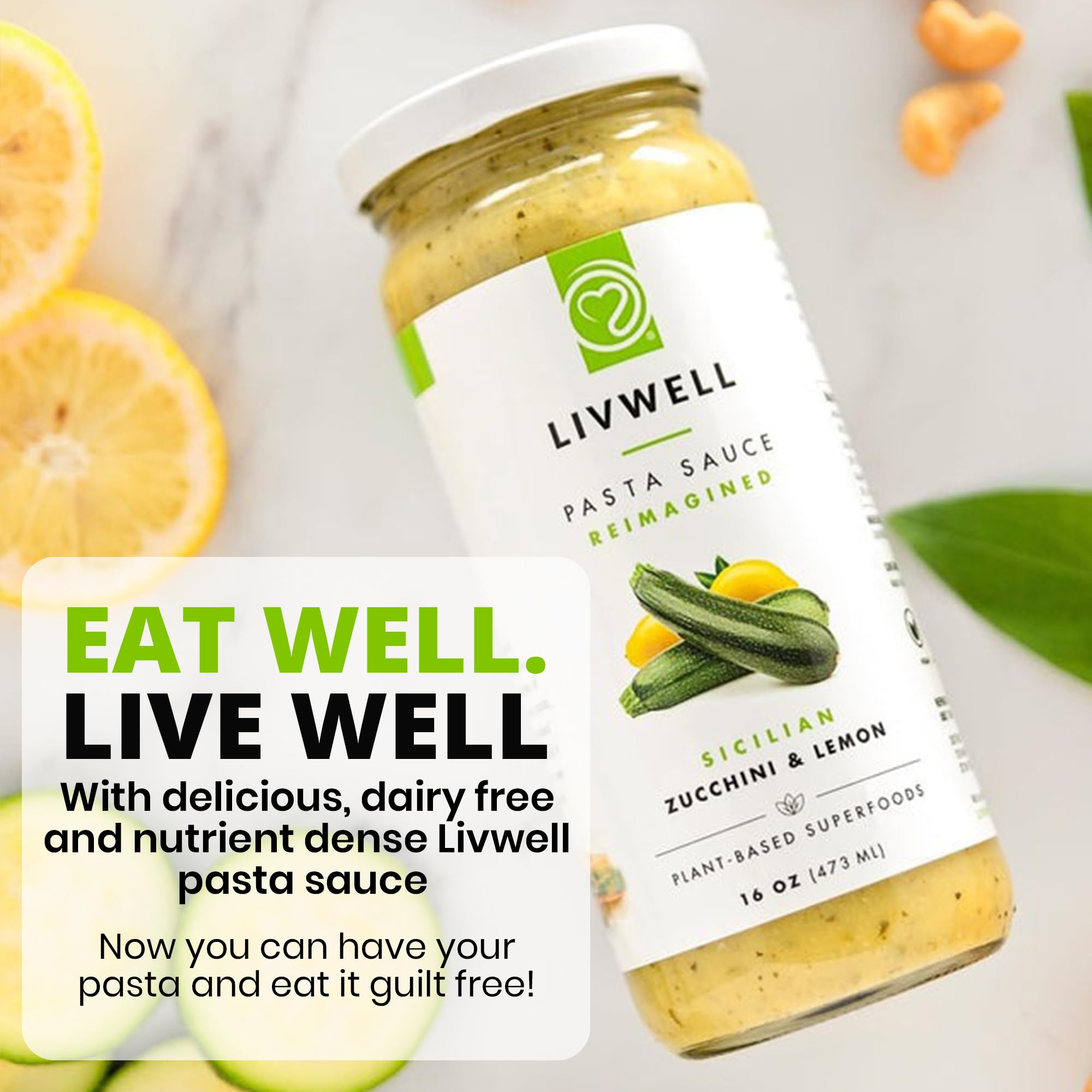LIVWELL Sicilian Zucchini Pasta Sauce - Pack of 6 Plant Based Dairy Free Sicilian Zucchini & Lemon Pasta Sauce with Fresh Basil, Olive Oil, Cashews