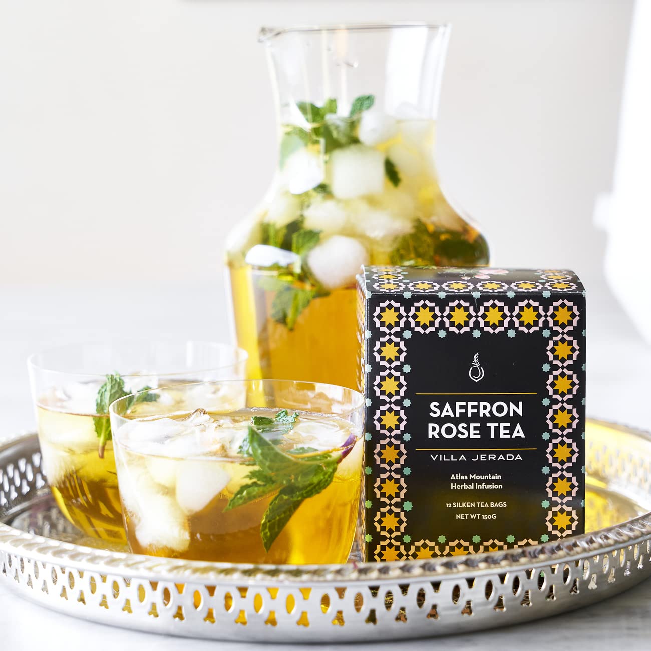 Villa Jerada, Saffron Rose Green Tea - 150g (12 Silken tea bags) - Moroccan saffron (SAFFRON GREEN TEA - 1 BOX)