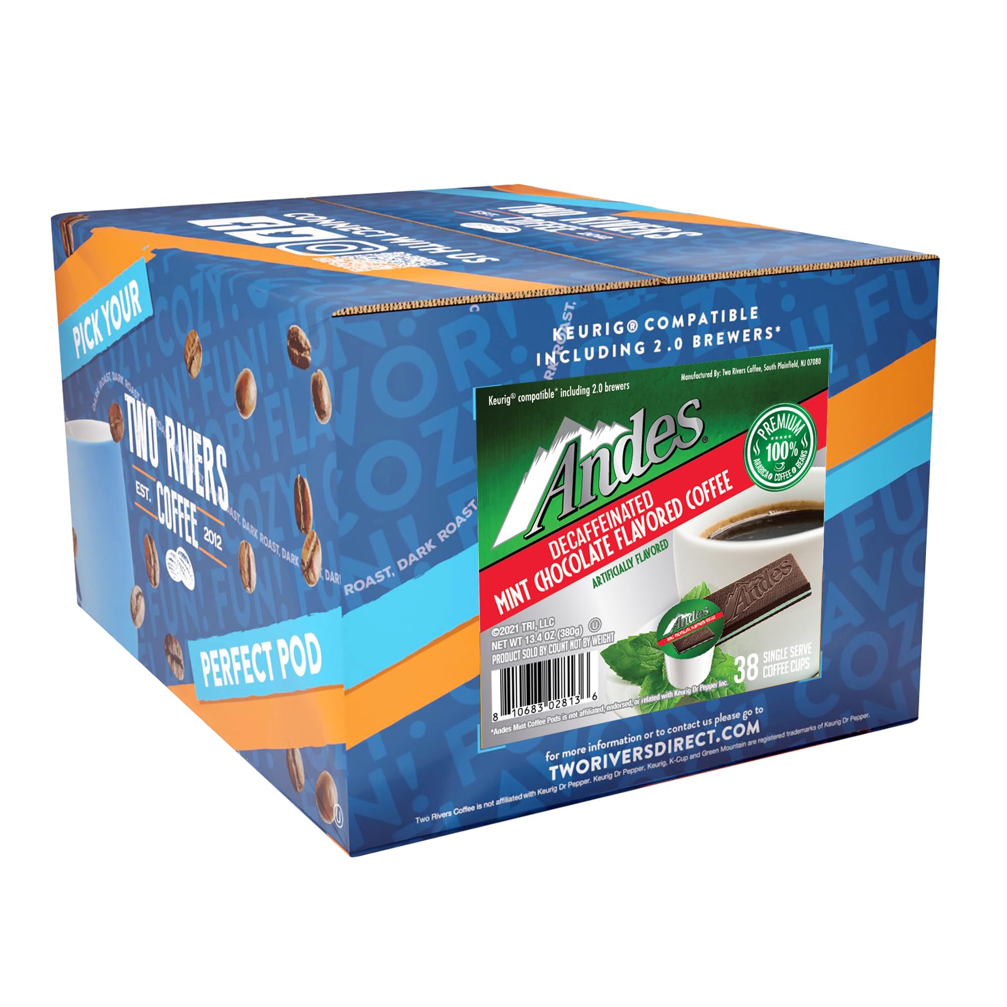Andes Mints Chocolate Mint Decaf Flavored Coffee Pods, Compatible with K Cup Brewing Machines Including 2.0, Single Serve Peppermint Flavor Enhanced