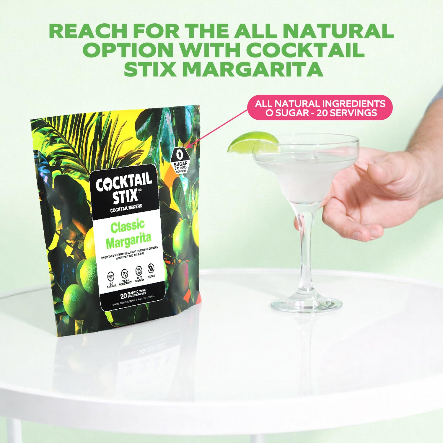 Cocktail Stix Classic Margarita Zero Sugar Mixer - Cocktail & Mocktail Drink Mixer - Water Flavoring Packets - Vegan - No Calories, No Carbs, No Sugar