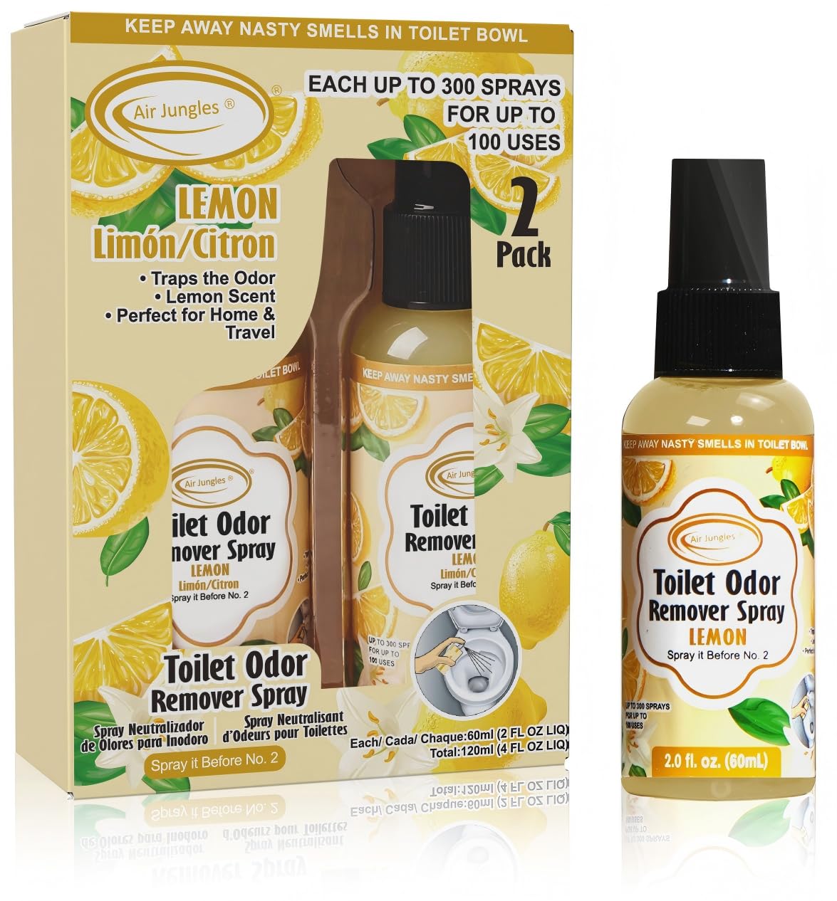 Air Jungles Toilet Poop Spray 2 Fl Oz (2 Count), Lemon Scent Odor Eliminator Spray Before No.2, Up to 100 Uses Per Bottle, For Bathroom, Home, Travel