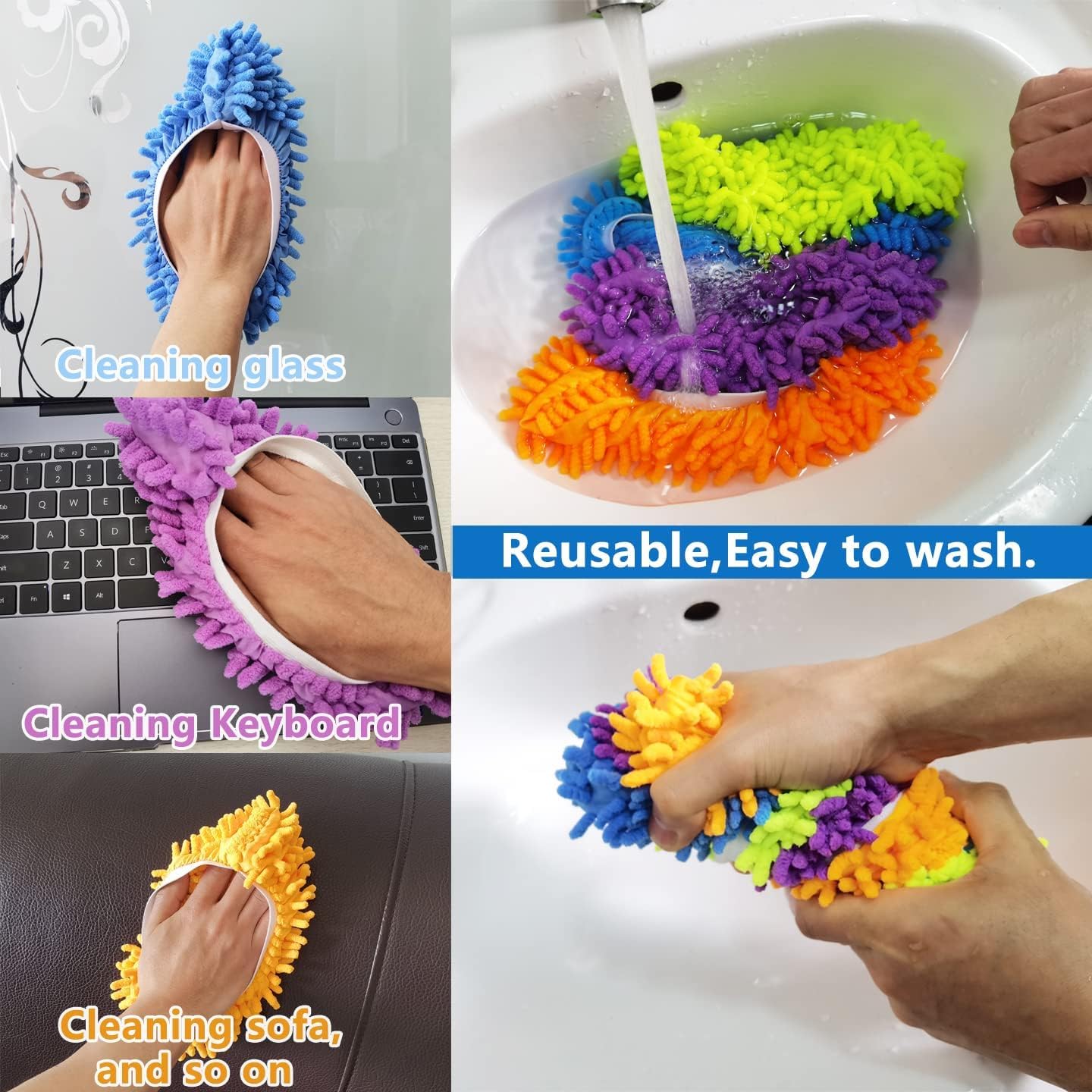 M-jump 8 PCS 4 Pairs Duster Mop Slippers Cover, Multi Function Chenille Fibre Washable Dust Mop Floor Cleaning Shoes for Bathroom, Office, Kitchen