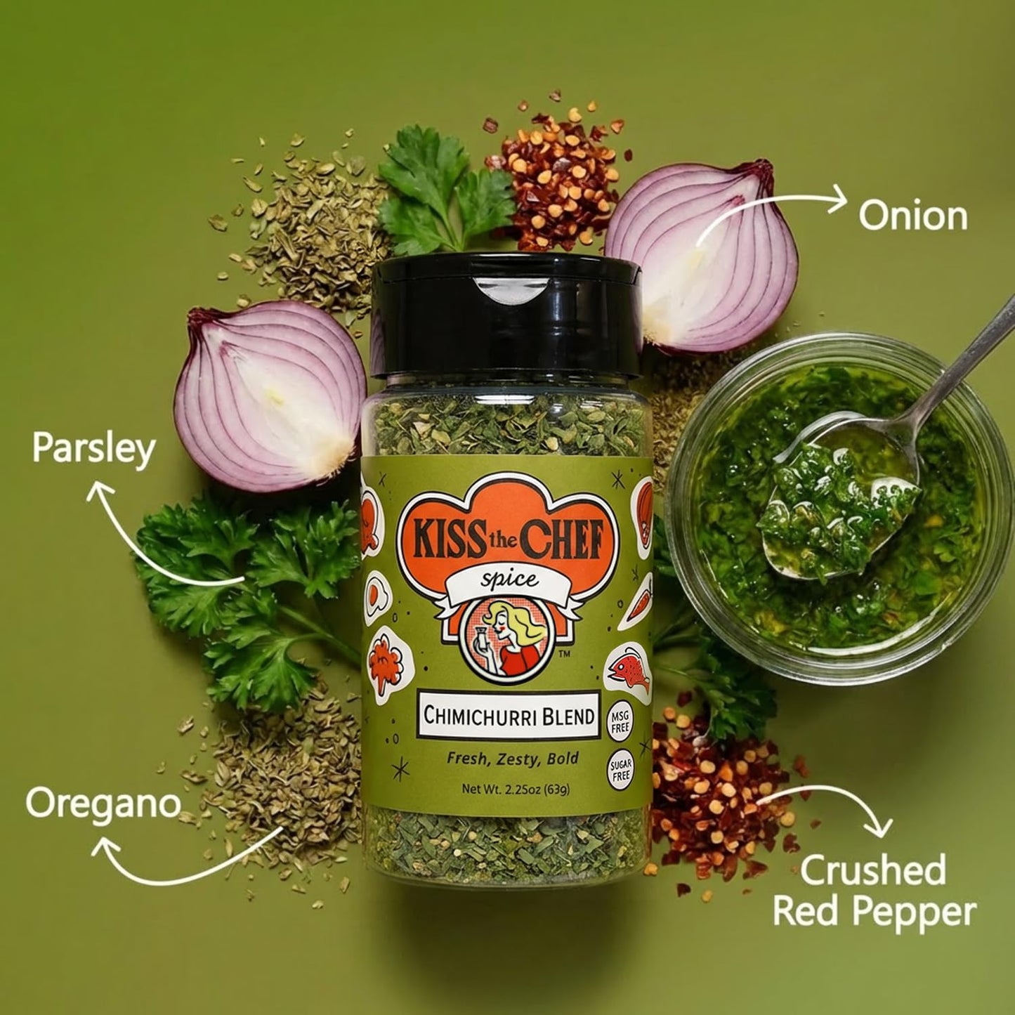 Kiss the Chef Chimichurri Sauce Mix & Blend, 2.25 oz - Authentic Argentinian Chimichurri Seasoning & Dry Rub - Herb & Garlic Spice Blend - Gluten