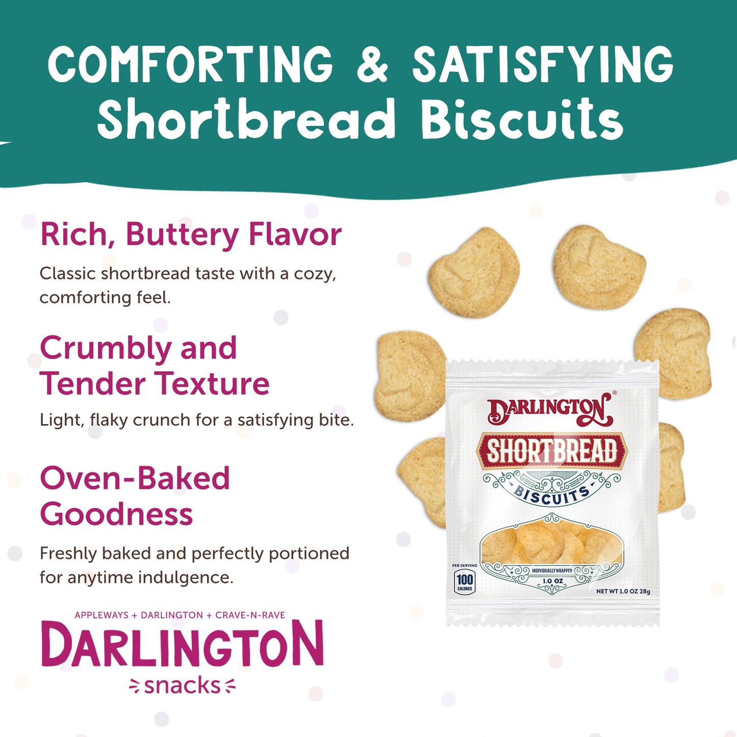 Darlington Snacks Shortbread Cookies Individually Wrapped, 1 oz, 20 Count - Shortbread Biscuit Bites, Kosher Cookie Snack Packs, Nut-Free Tea Biscuits
