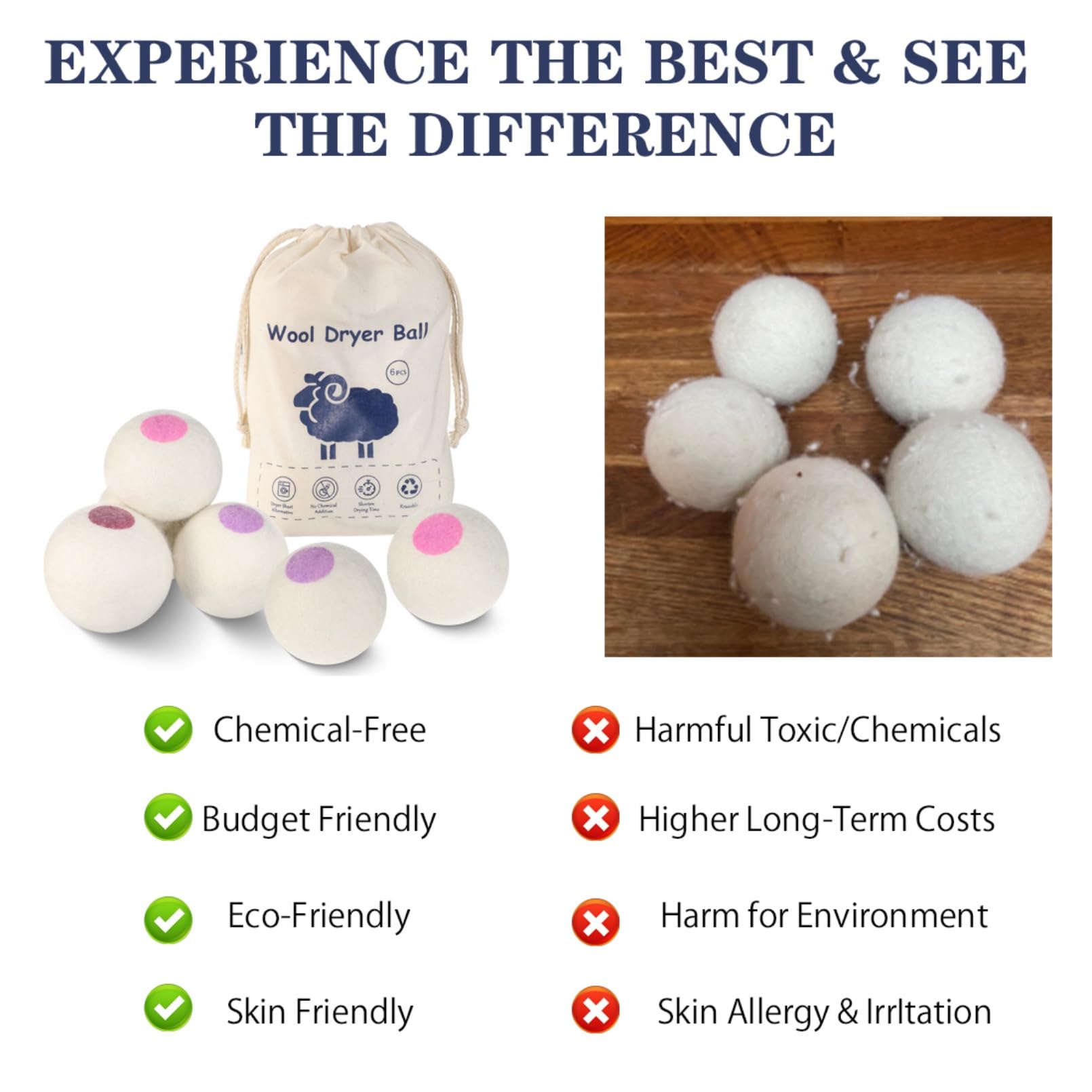 Wool Dryer Balls 6PCS Pure Organic Laundry Wool Tumble Dryer Ball Reusable Natural Fabric Softener Reduce Wrinkles and Drying Time